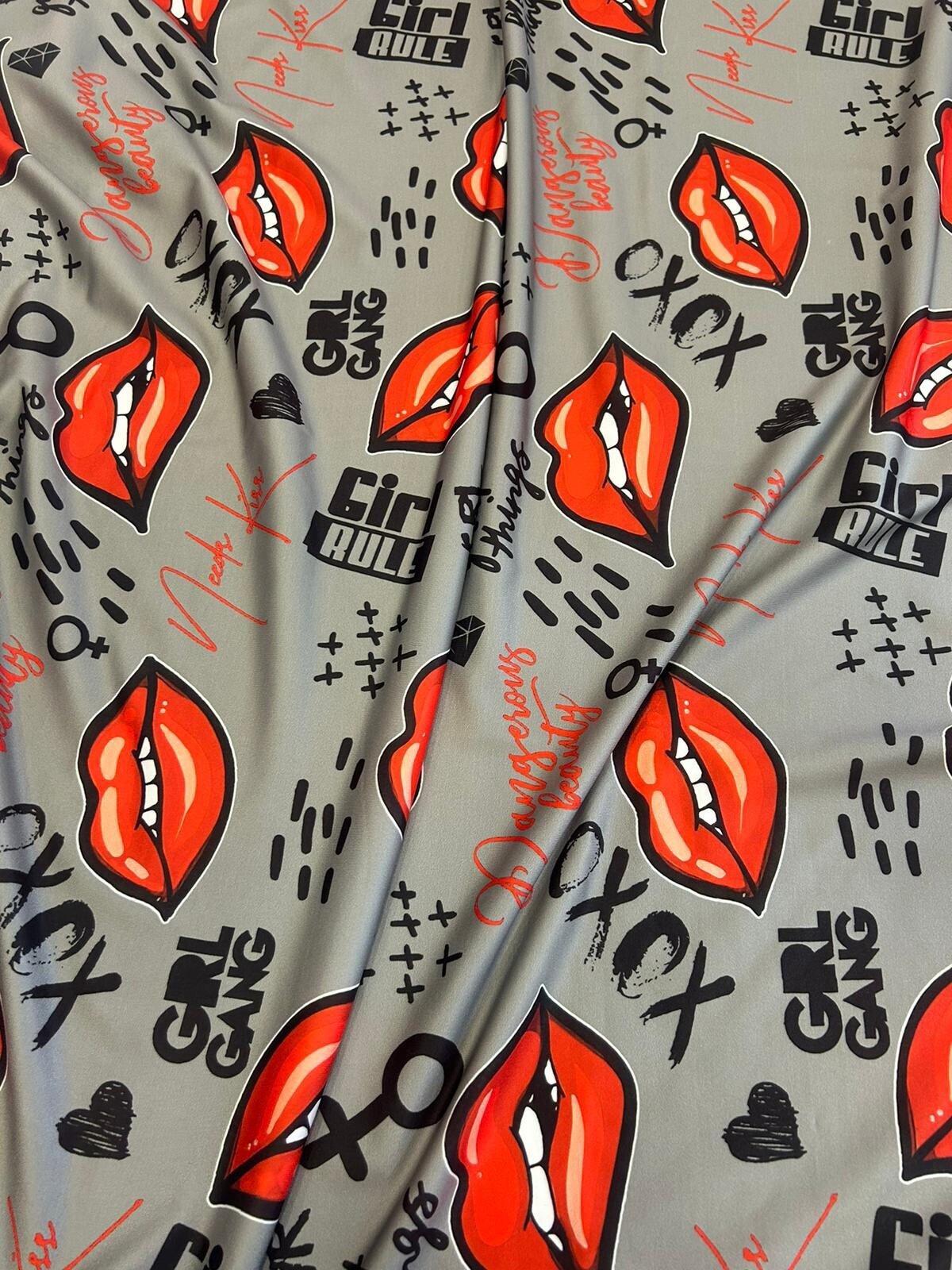 Power Girl Print fabric, Lip Pattern spandex 4 - way stretch fabric - Whotex