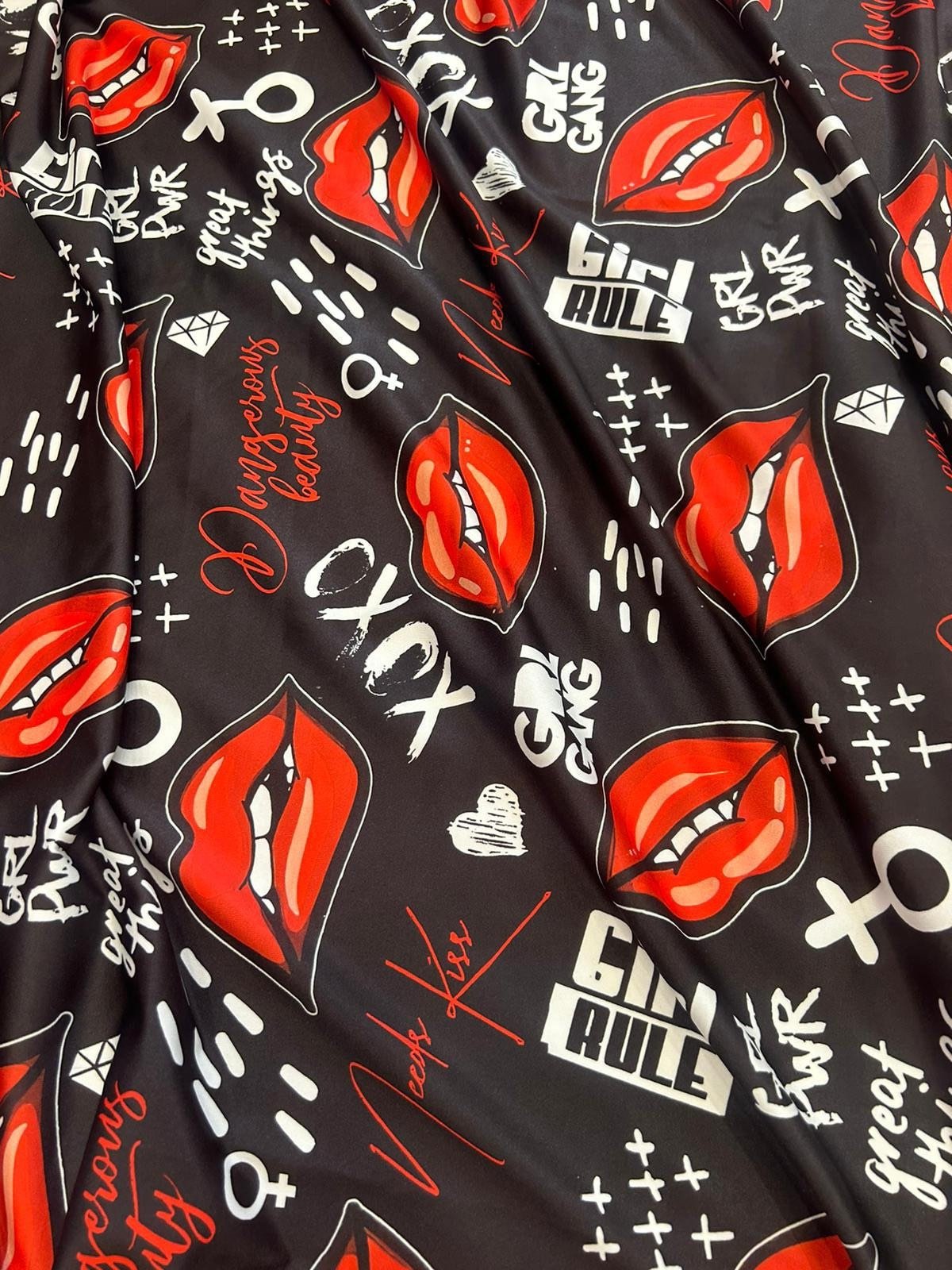 Power Girl Print fabric, Lip Pattern spandex 4 - way stretch fabric - Whotex