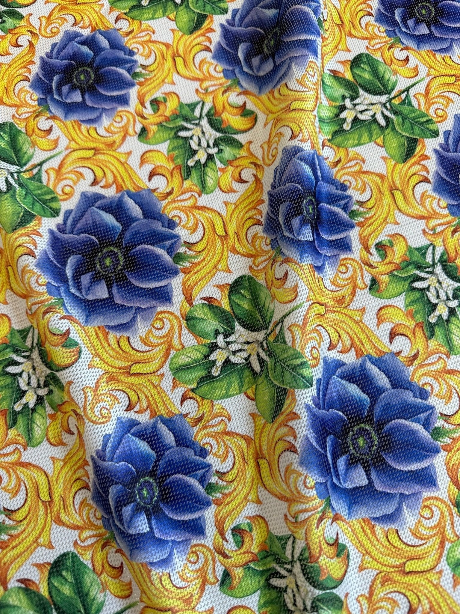 Power Mesh Fabric, 4 - way stretch spandex fabric, Blue Rose Pattern Fabric - Whotex