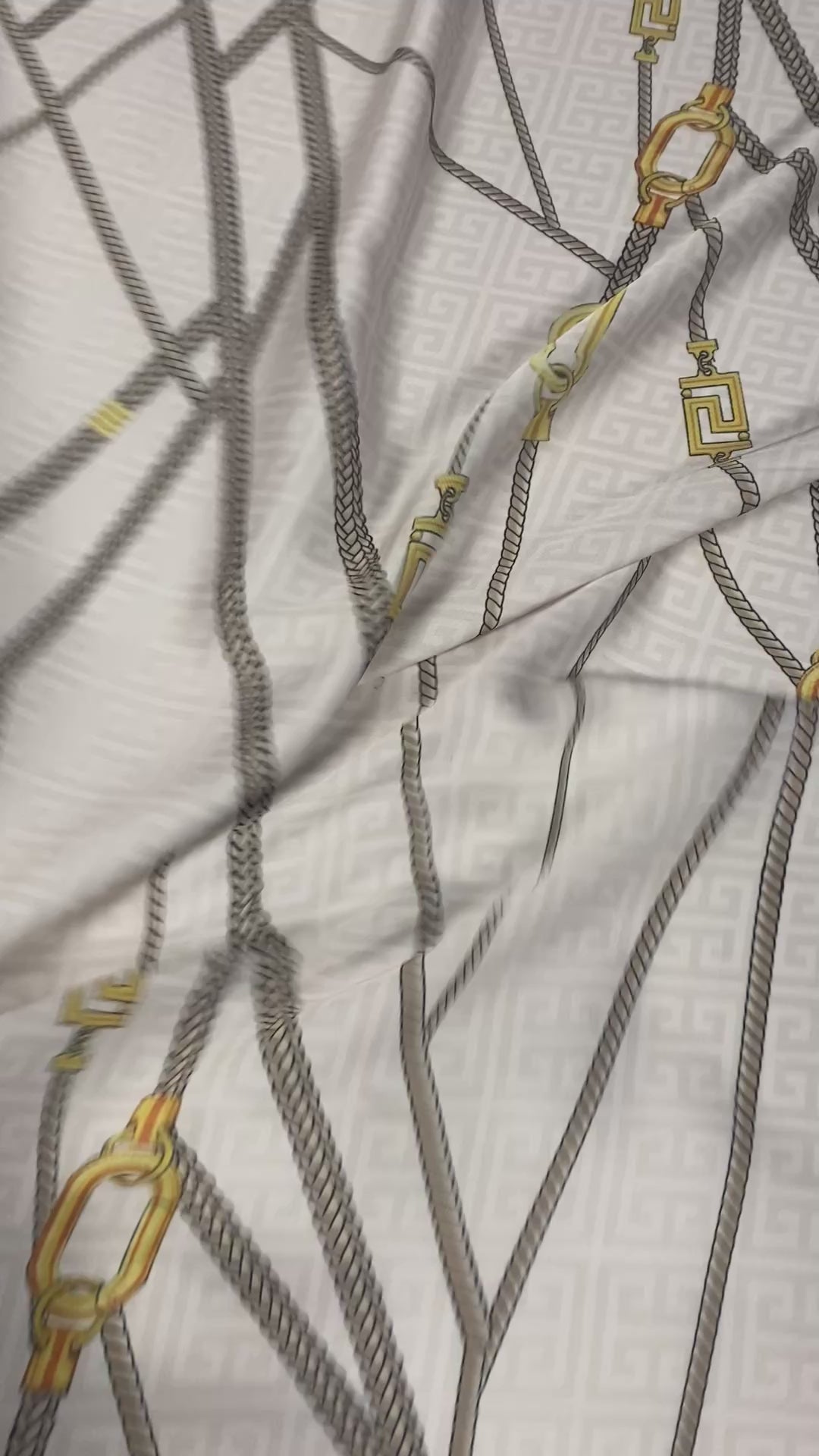 Chain Print Chiffon Satin Fabric in Beige & Gold