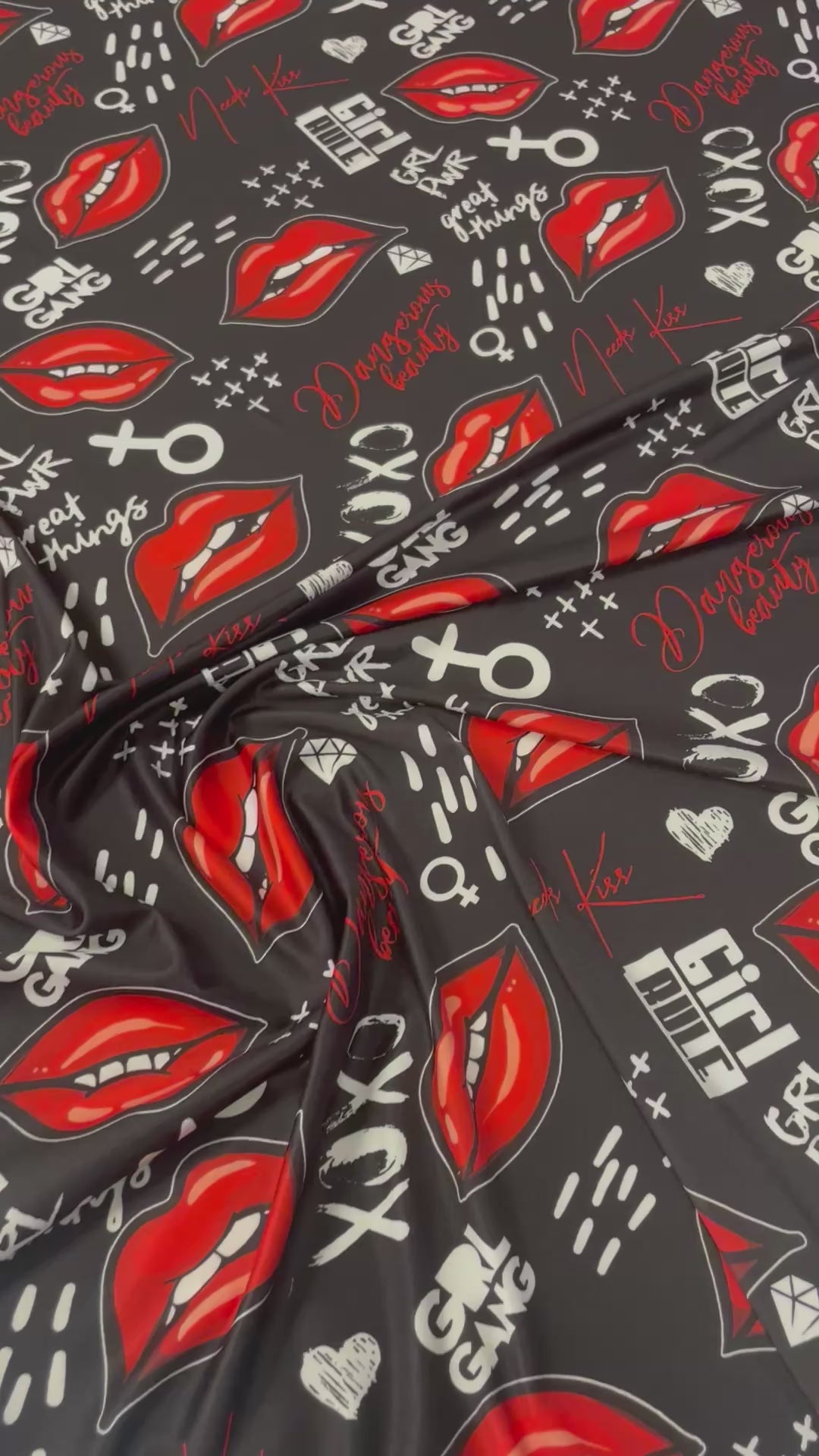 Red Lips Print Fabric by the Metre – Black Base
