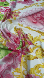 Floral & Baroque Crepe Fabric by the Metre – Pink Green Gold, featuring vibrant floral patterns and baroque design.