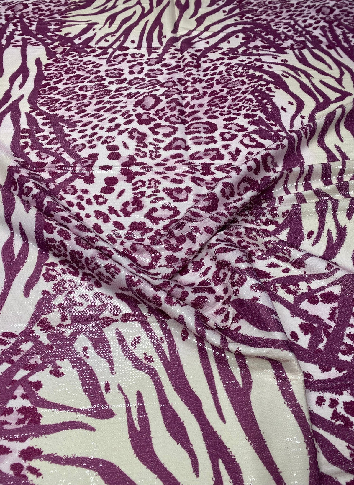 Purple Animal Print Sequin Fabric by the Metre - Whotex Fabrics London