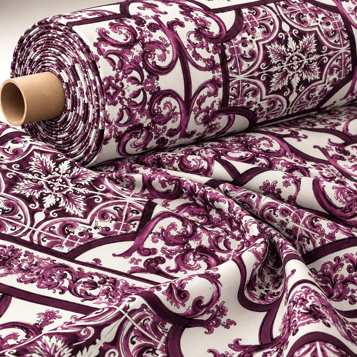 Purple Baroque Print Crepe Fabric by the Metre - Whotex Fabrics London