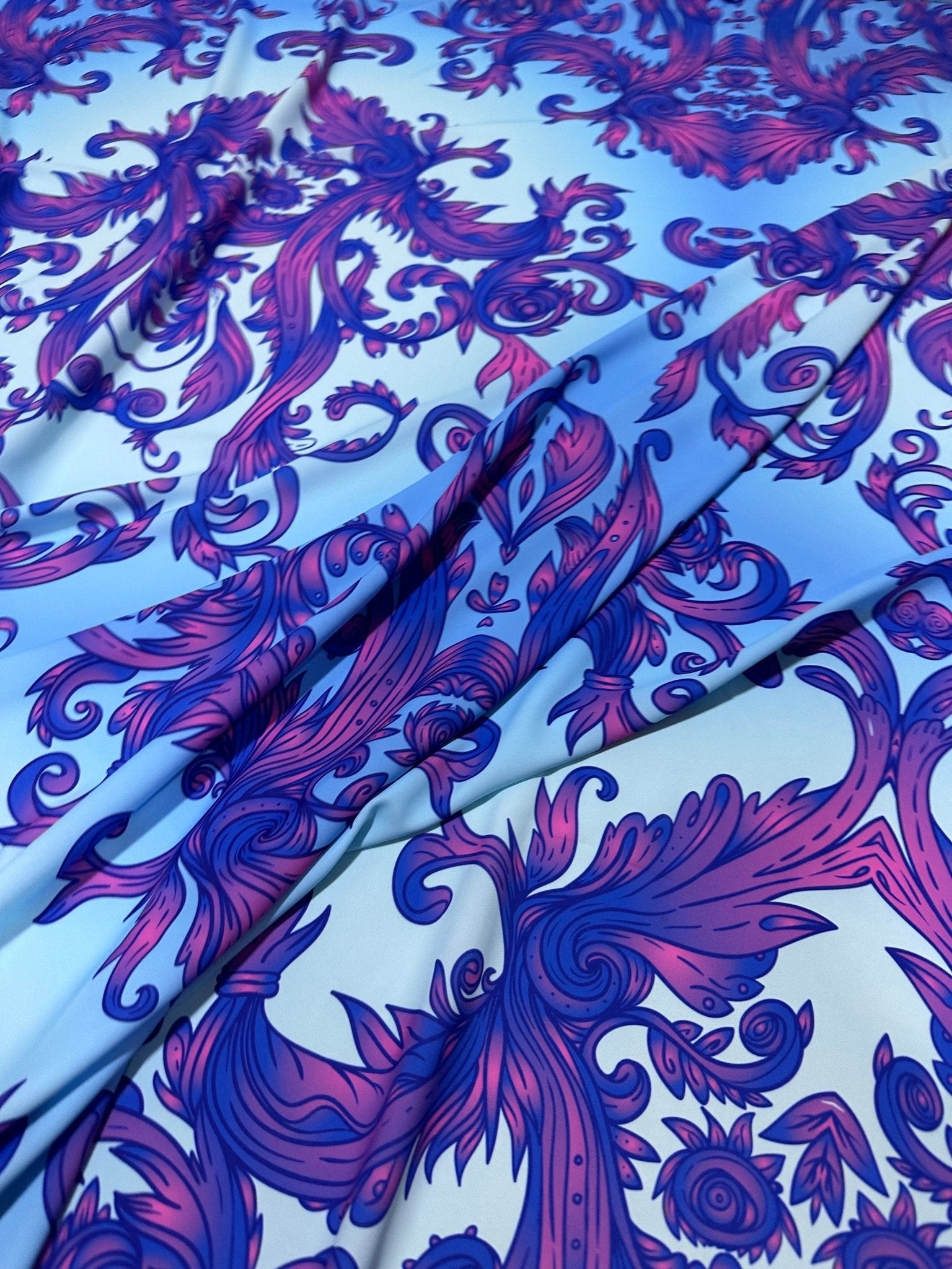 Purple Swirl Blue Silky Crepe Fabric, Baroque Pattern Fabric - Whotex