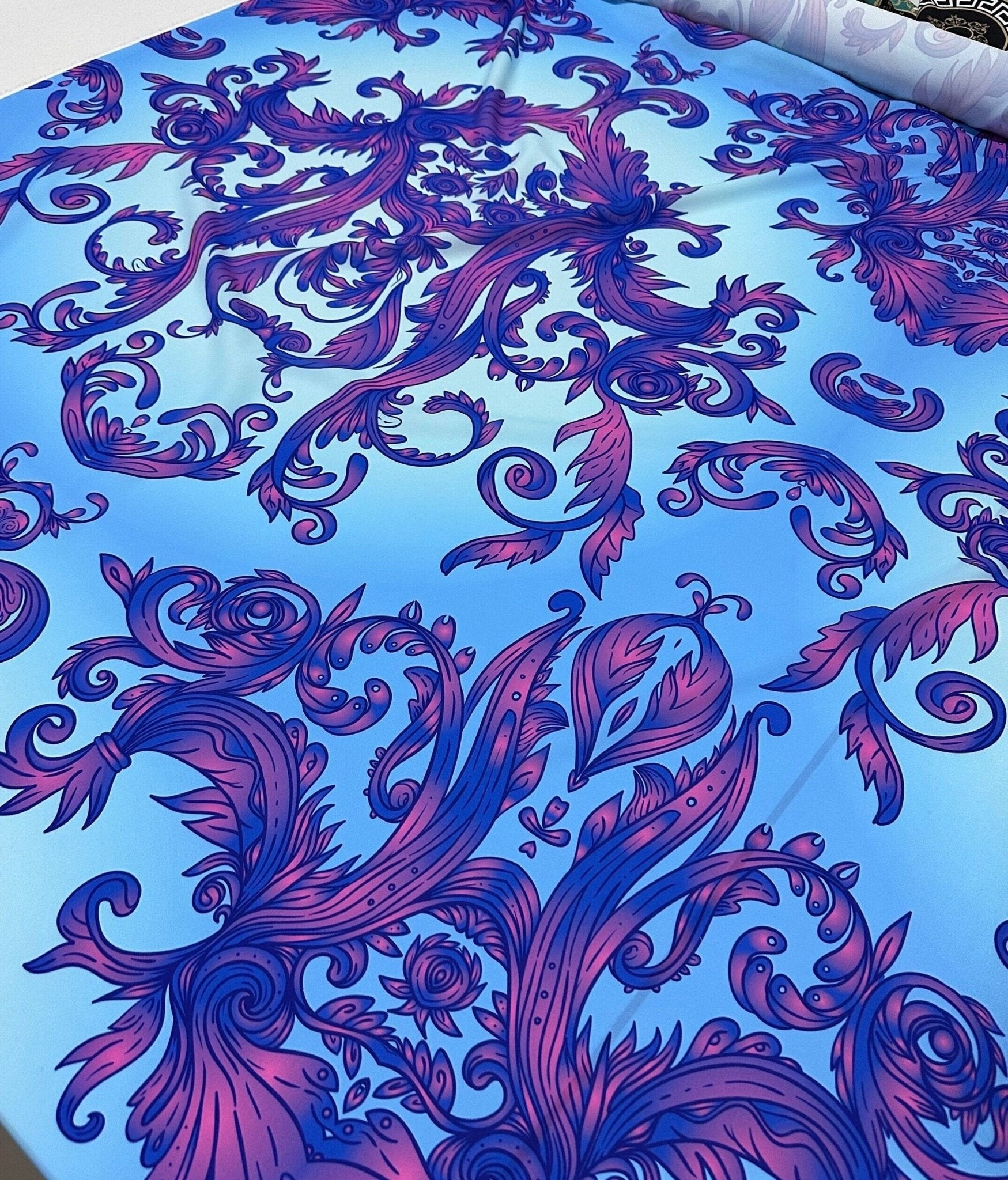 Purple Swirl Blue Silky Crepe Fabric, Baroque Pattern Fabric - Whotex