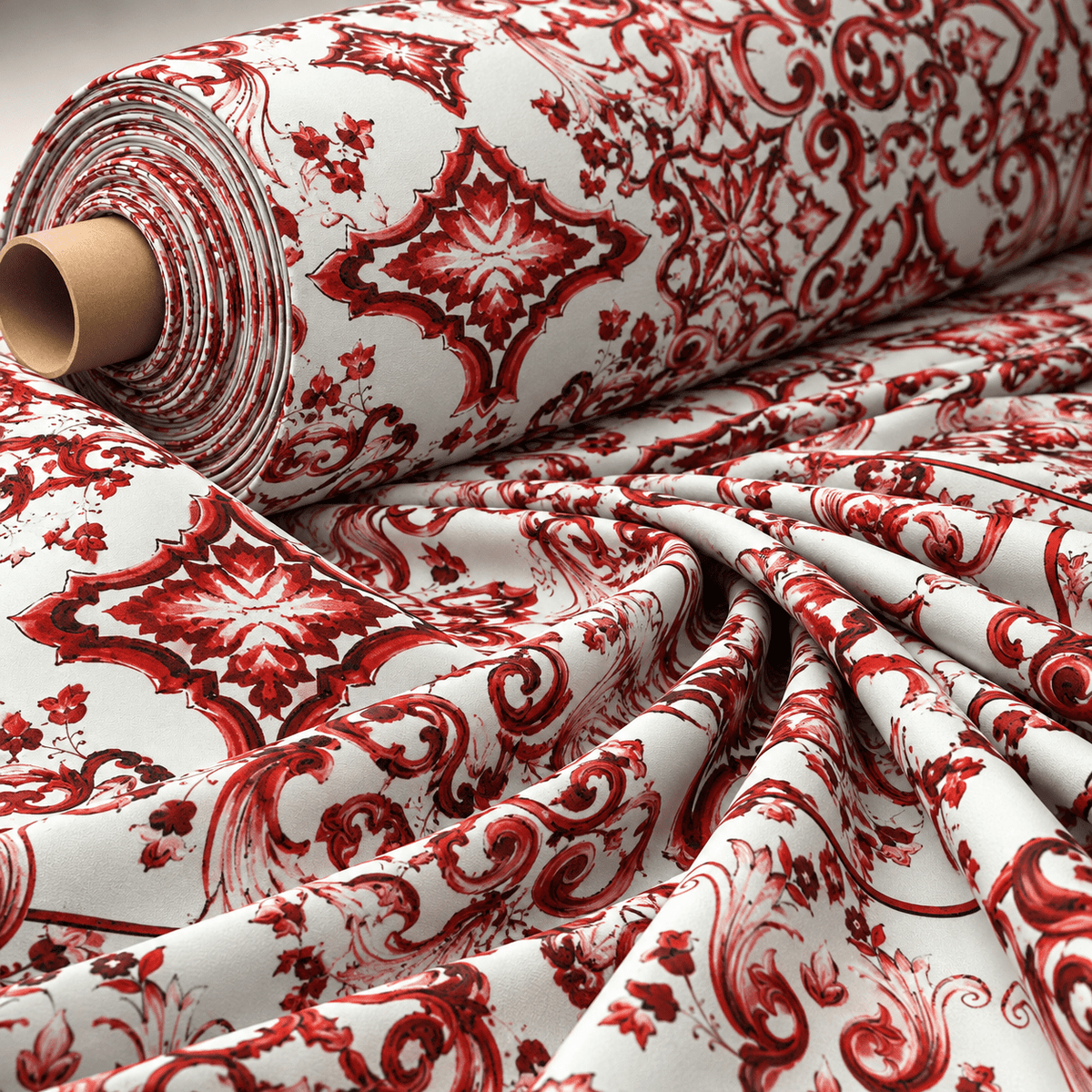 Red Baroque Lycra Stretch Fabric by the Metre - Whotex Fabrics London