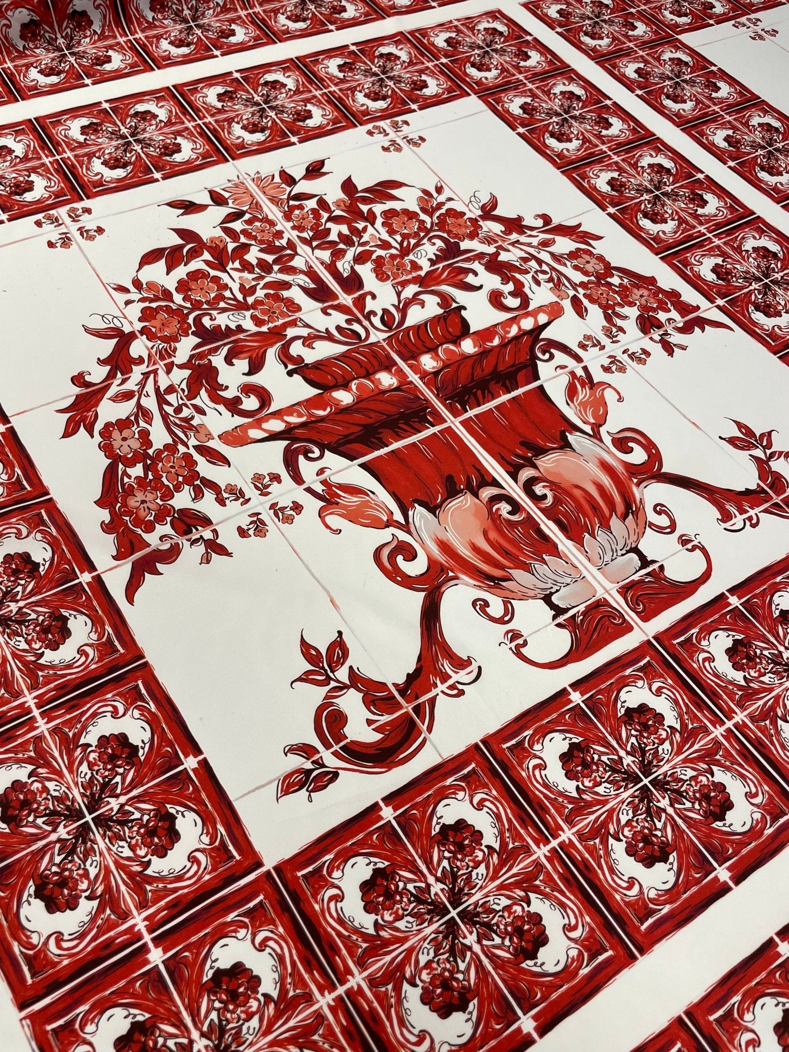 Red Floral Tile Crepe Fabric by the Metre – Elegant Design - Whotex Fabrics London