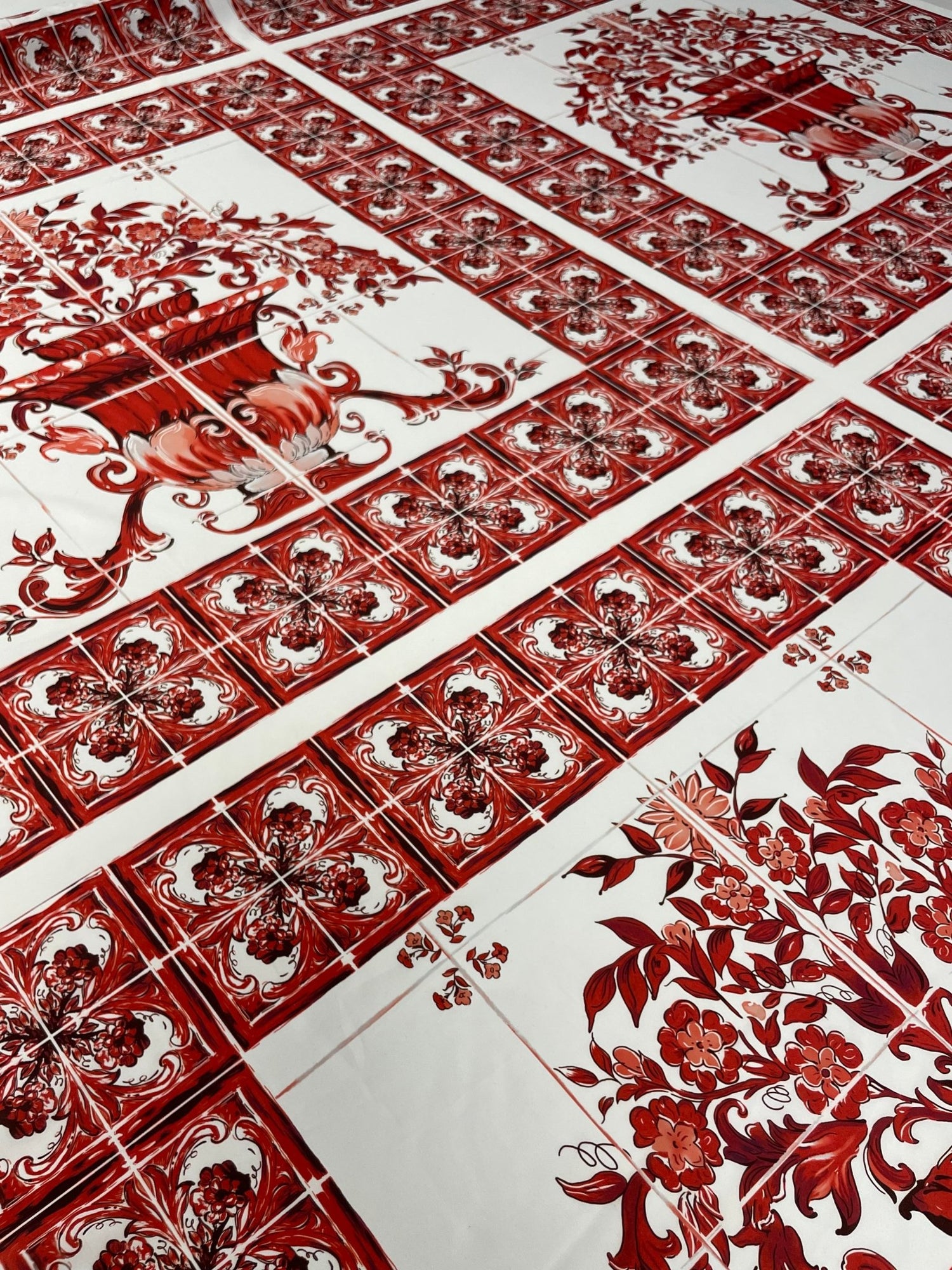 Red Floral Tile Crepe Fabric by the Metre – Elegant Design - Whotex Fabrics London