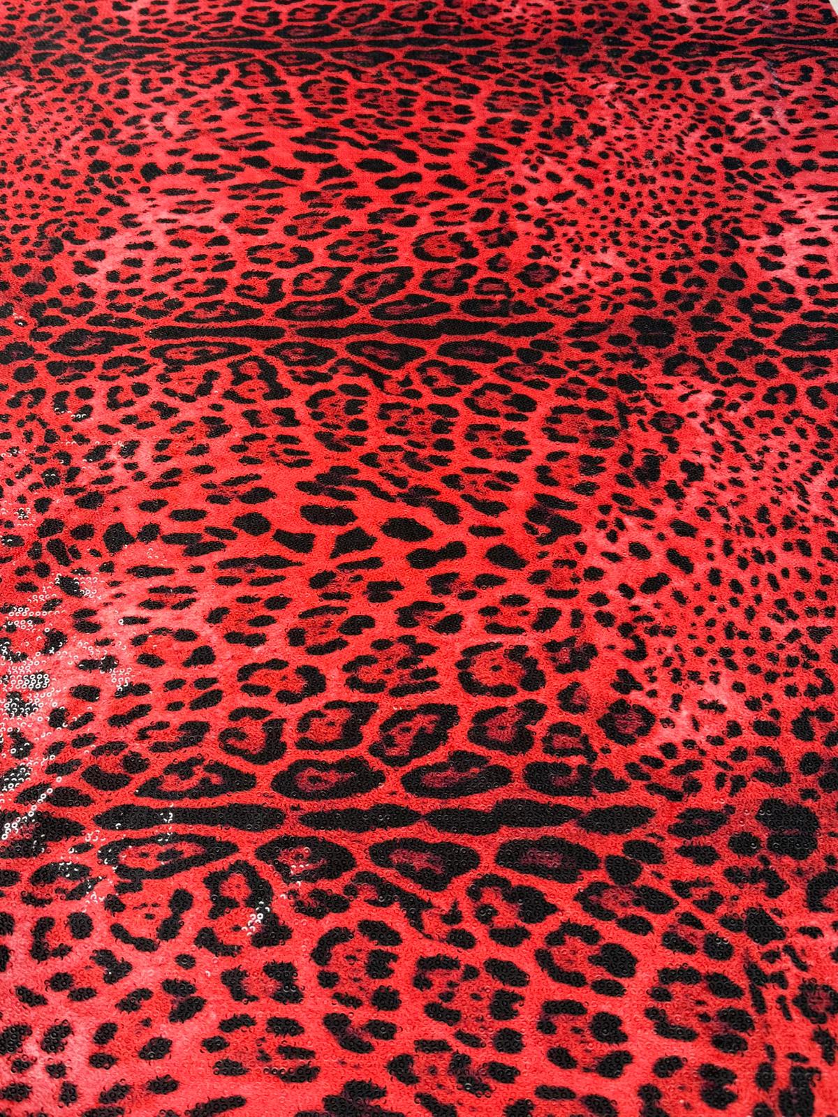 Red Leopard Sequin Fabric for Party Outfits - Whotex Fabrics London