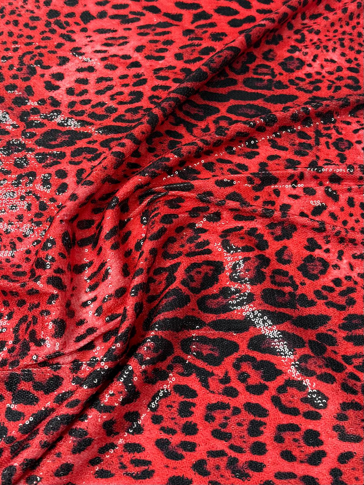 Red Leopard Sequin Fabric for Party Outfits - Whotex Fabrics London