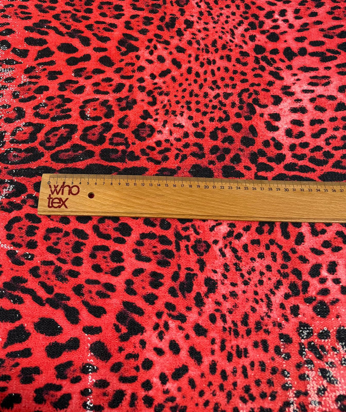 Red Leopard Sequin Fabric for Party Outfits - Whotex Fabrics London