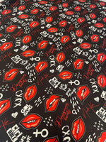 Red Lips Print Fabric by the Metre – Black Base - Whotex Fabrics London