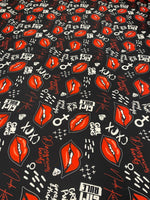 Red Lips Print Lycra Stretch Fabric by the Metre – Black Base - Whotex Fabrics London