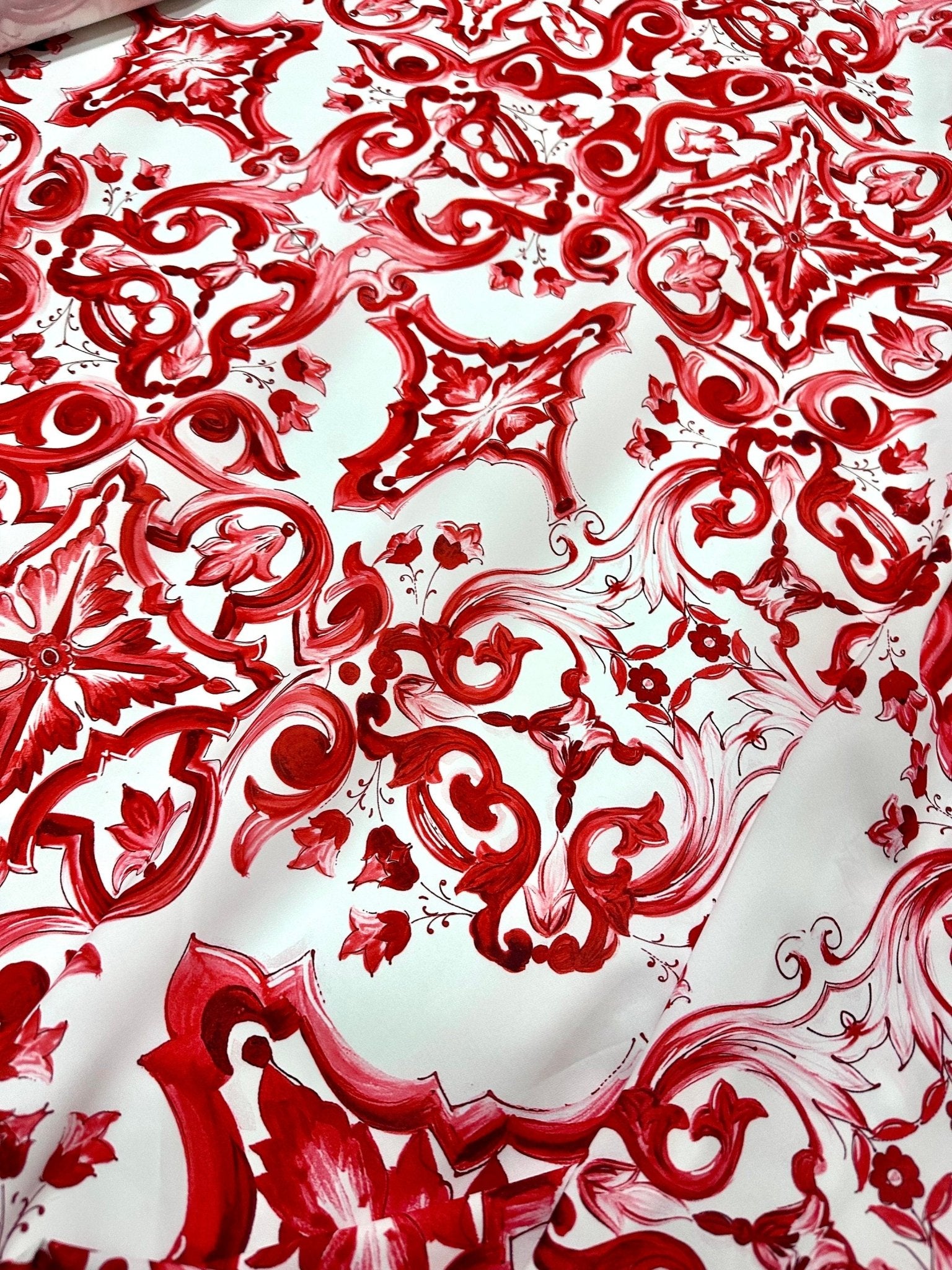 Red Majolica Pattern Fabric, Sicilian print Silky Crepe Fabric , - Whotex