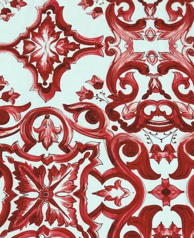 Red Majolica Pattern Silky Crepe Fabric - Whotex