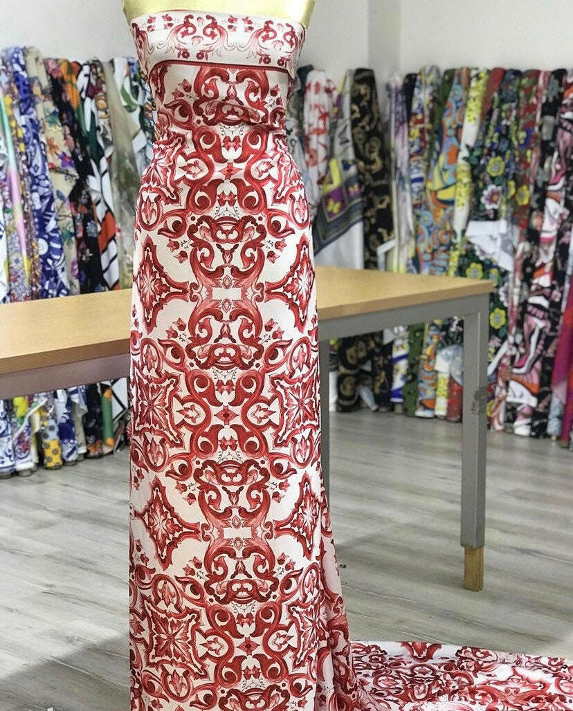 Red Majolica Pattern Silky Crepe Fabric - Whotex