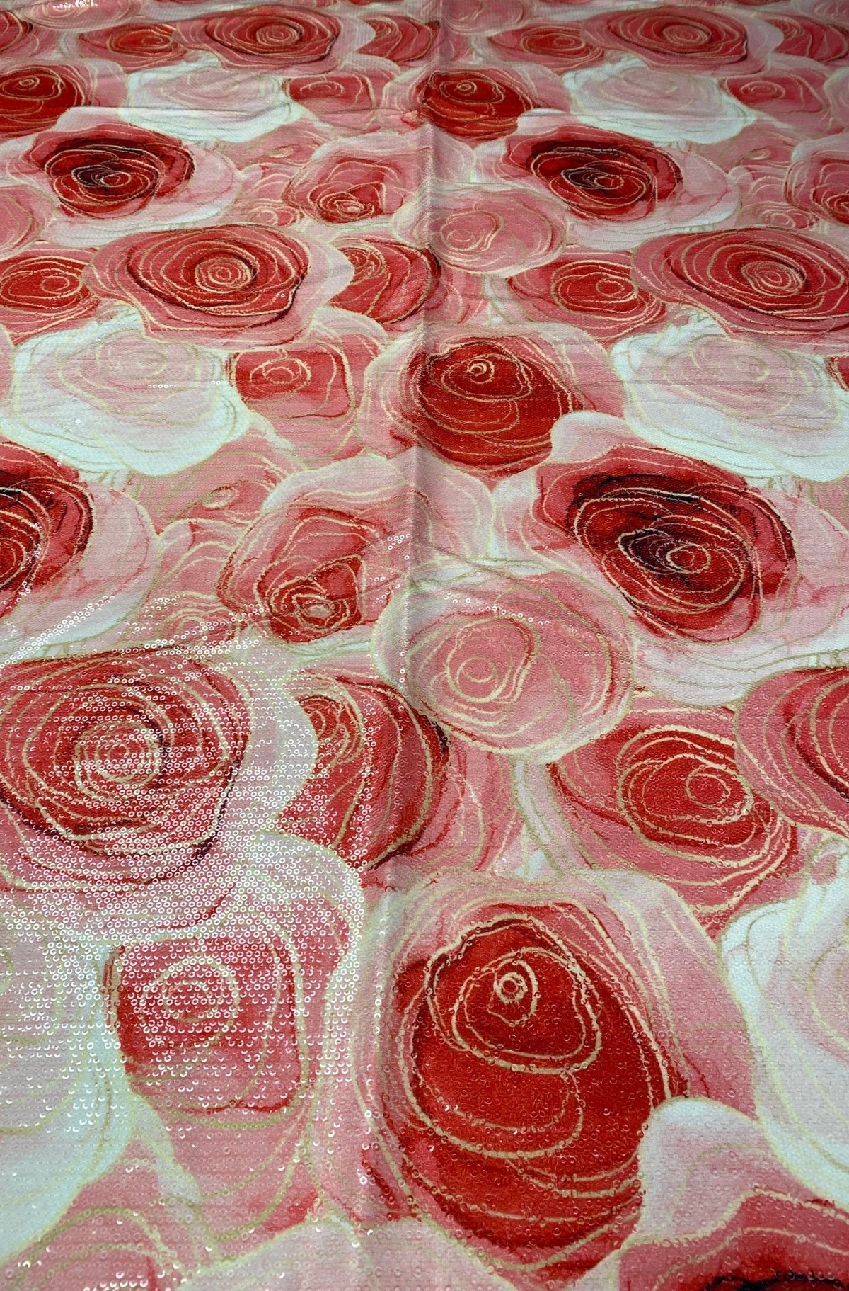 Red Pink Abstract Sequin Fabric by the Metre - Whotex Fabrics London