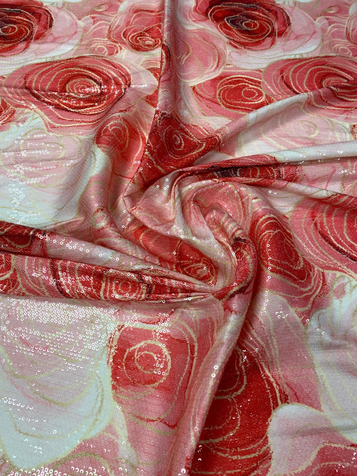 Red Pink Abstract Sequin Fabric by the Metre - Whotex Fabrics London