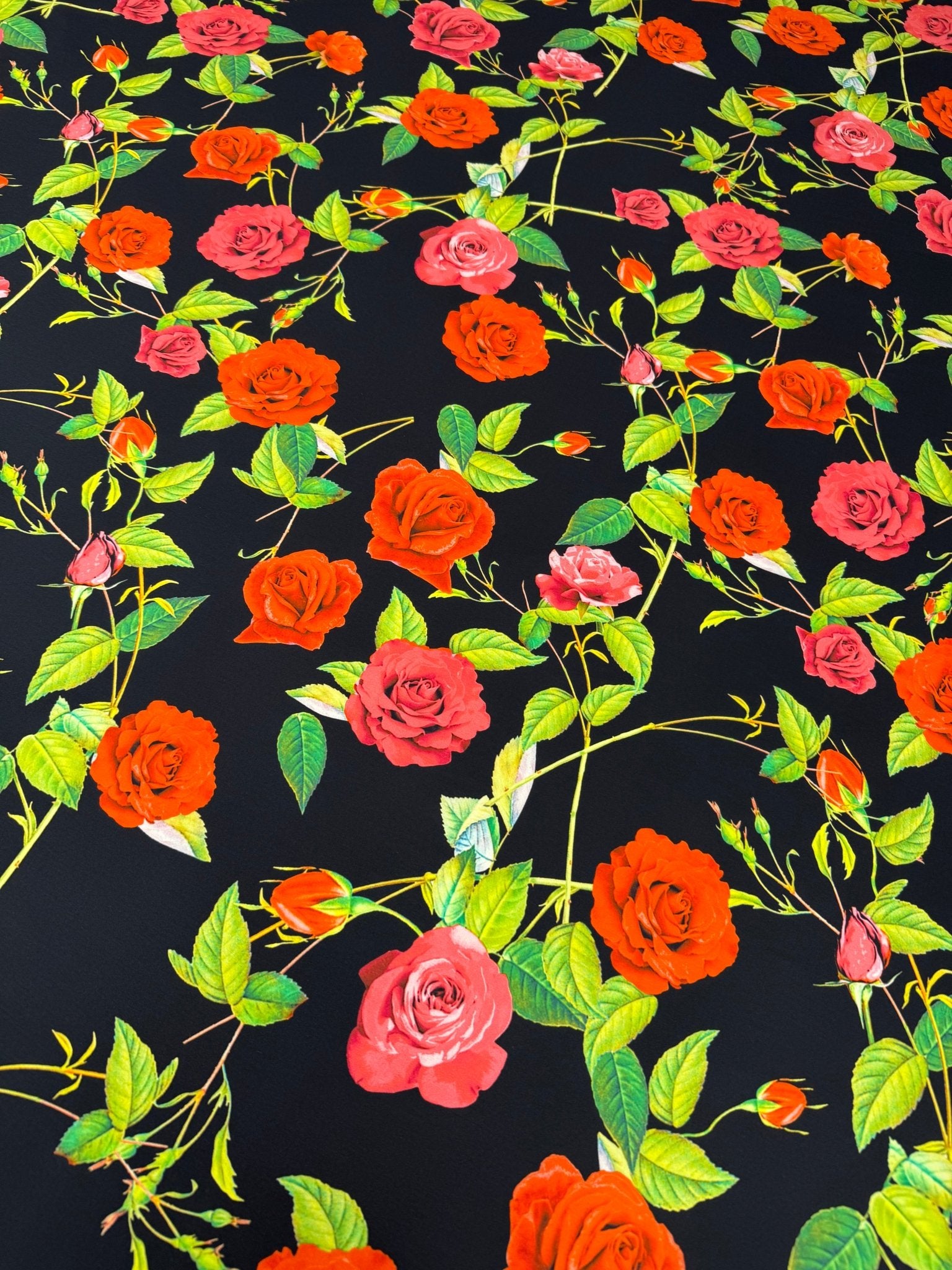 Red & Pink Roses on Black Organic Cotton Poplin Fabric by the Metre - Whotex Fabrics London
