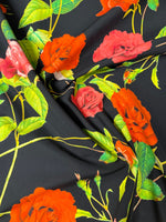 Red & Pink Roses on Black Organic Cotton Poplin Fabric by the Metre - Whotex Fabrics London