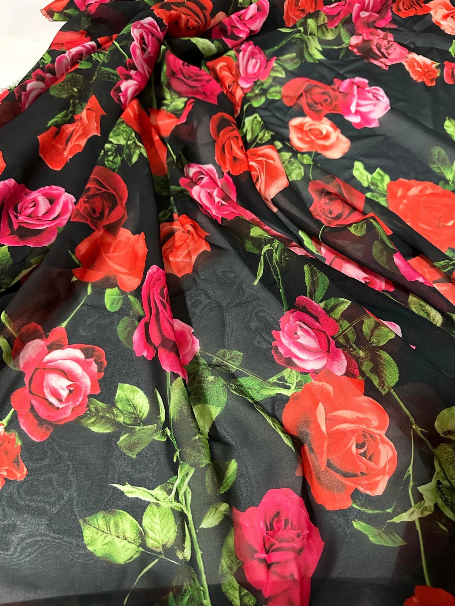 Red & Pink Roses on Black Organic Cotton Poplin Fabric by the Metre - Whotex Fabrics London