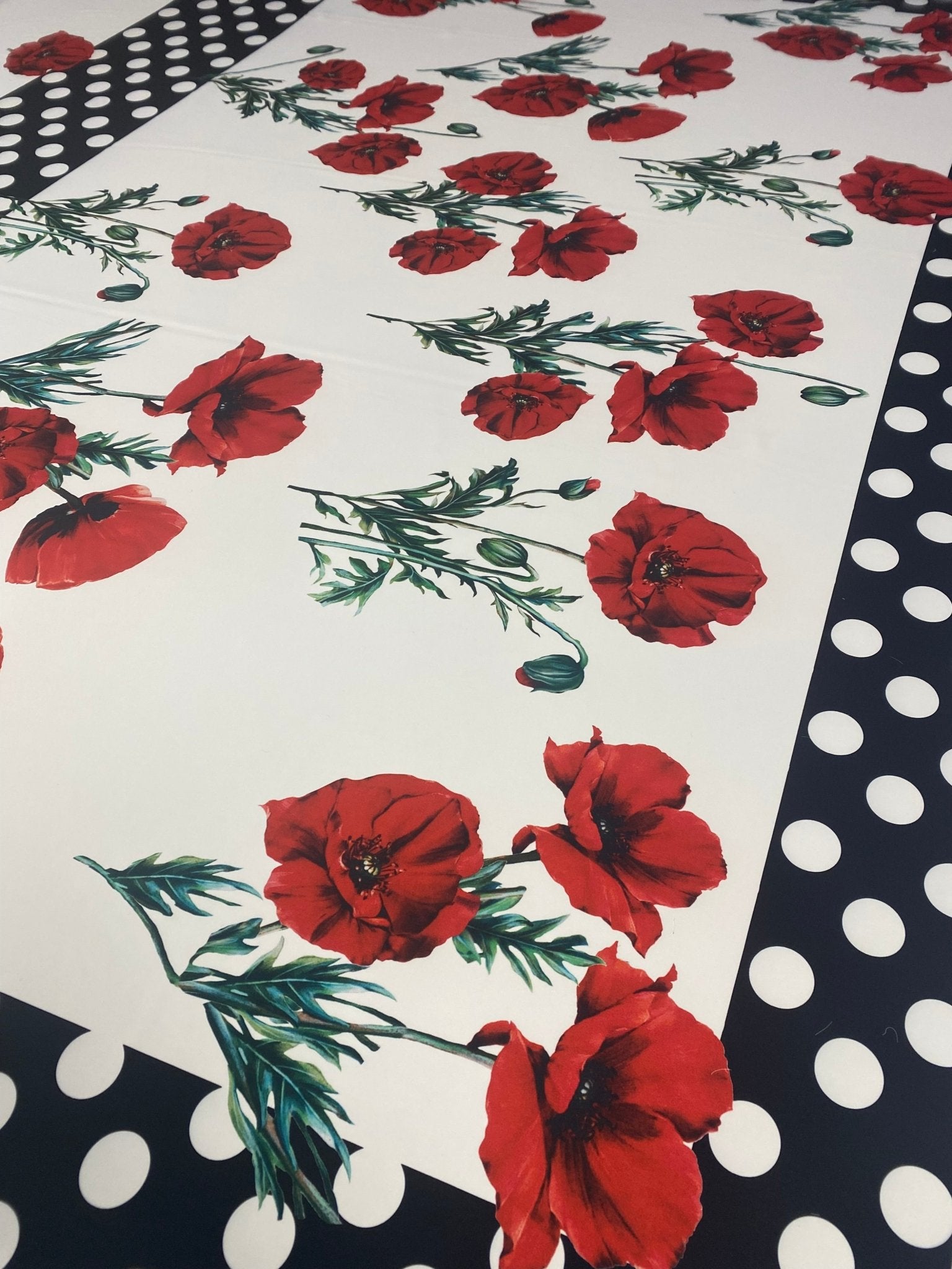 Red Poppy Floral Fabric With Polka Dot Border - Whotex Online Fabric Store