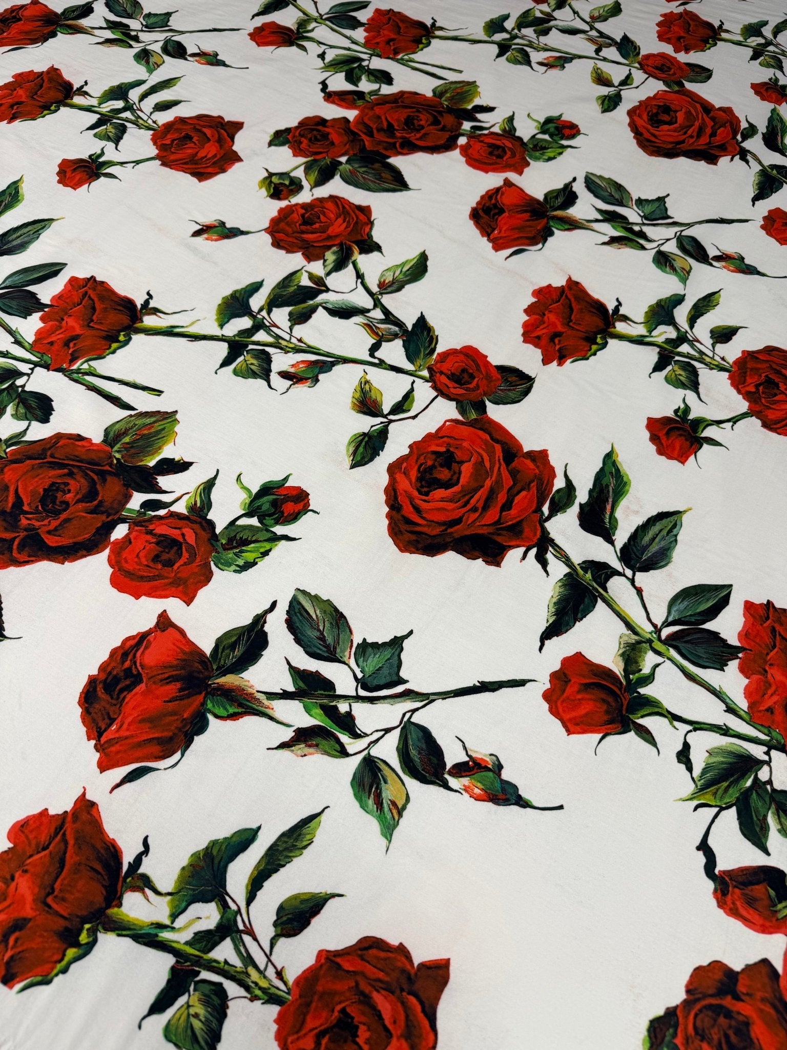 Red Rose Floral on White Organic Cotton Poplin Fabric by the Metre - Whotex Fabrics London