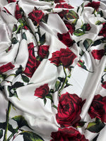 Red Rose Floral on White Organic Cotton Poplin Fabric by the Metre - Whotex Fabrics London