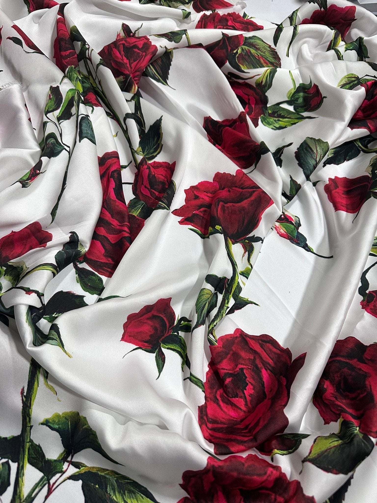 Red Rose Floral on White Organic Cotton Poplin Fabric by the Metre - Whotex Fabrics London
