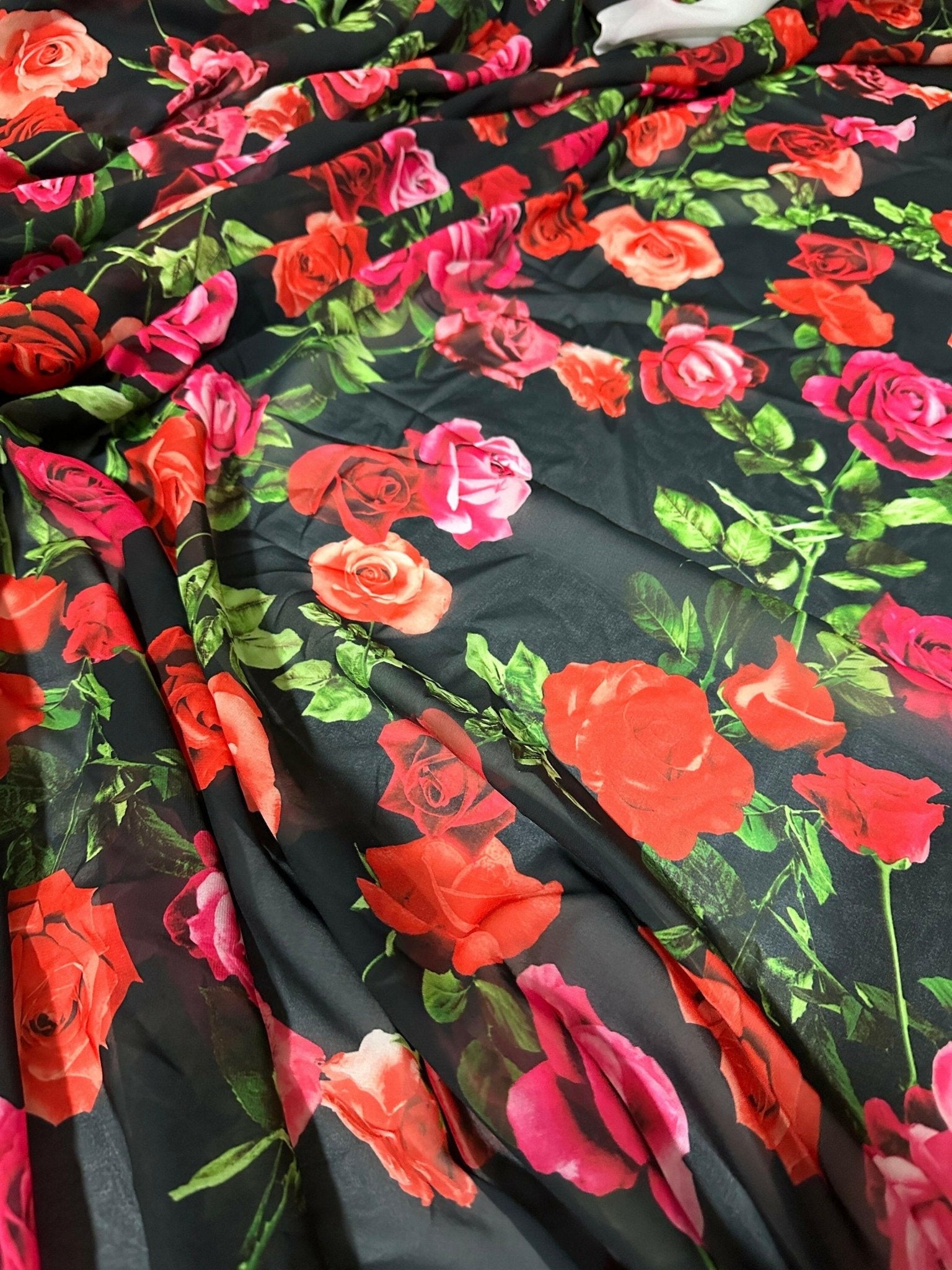 Red Rose Pattern fabric, Black color fabric, Silky Satin - Silky crepe - Polysilk Chiffon - Whotex