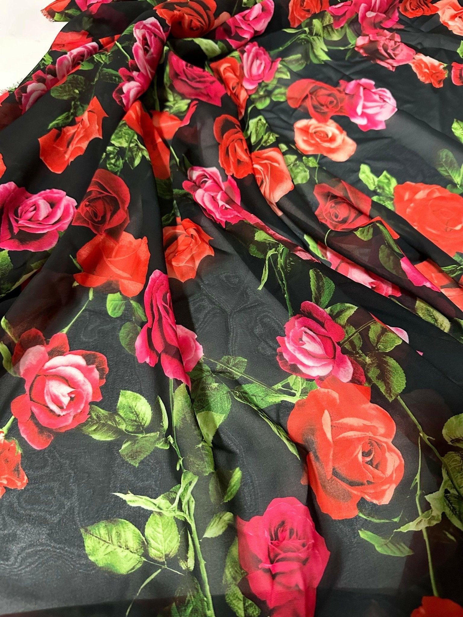 Red Rose Pattern fabric, Black color fabric, Silky Satin - Silky crepe - Polysilk Chiffon - Whotex