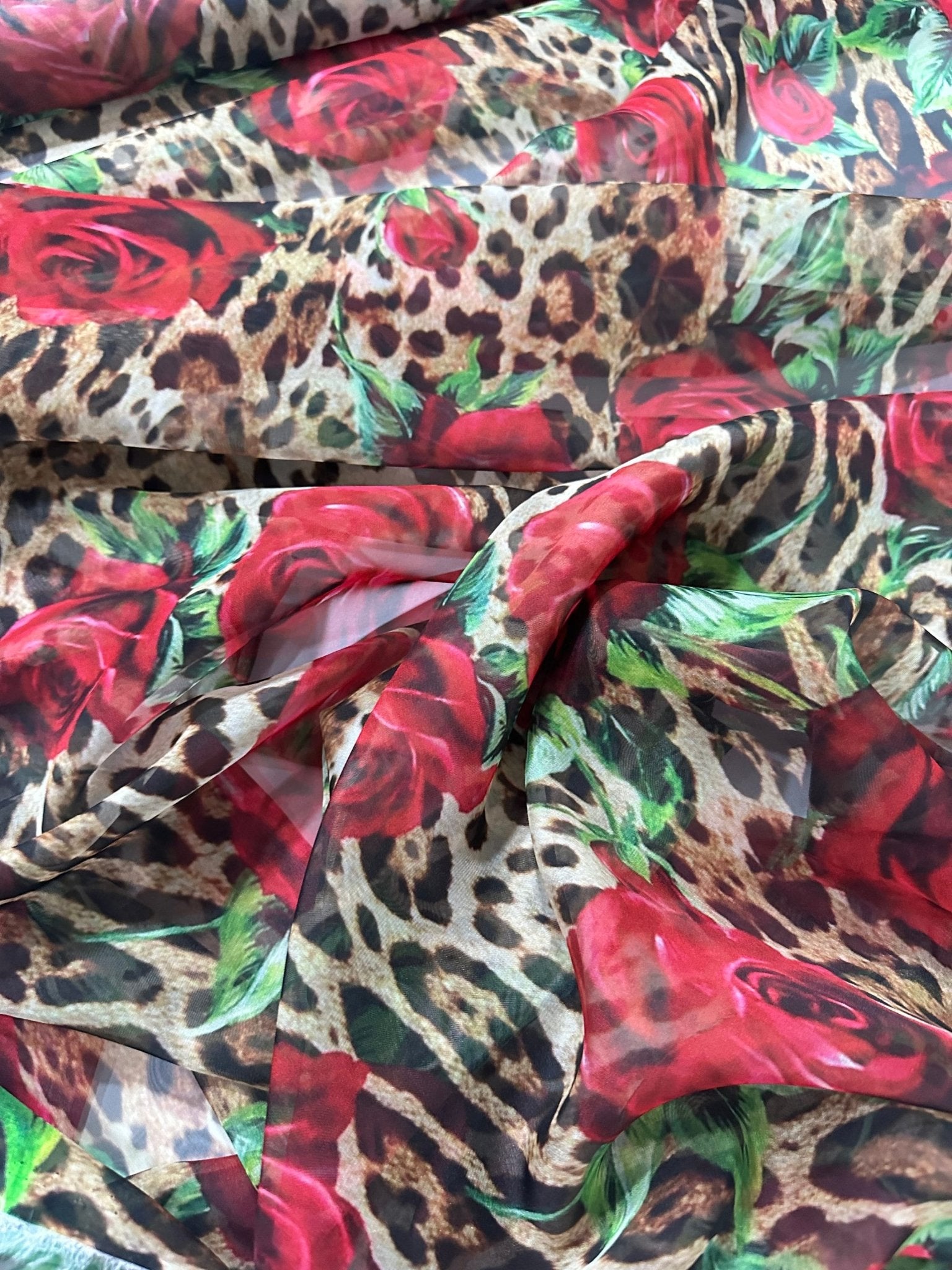 Red Rose Pattern fabric, Leopard pattern fabric, Silky Satin - Silky crepe - Polysilk Chiffon - Whotex