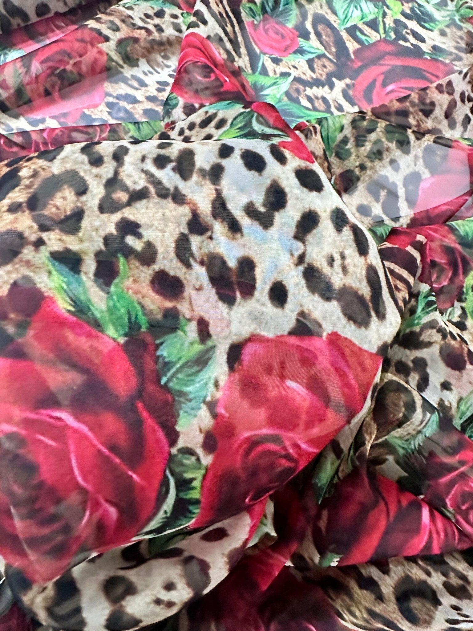 Red Rose Pattern fabric, Leopard pattern fabric, Silky Satin - Silky crepe - Polysilk Chiffon - Whotex