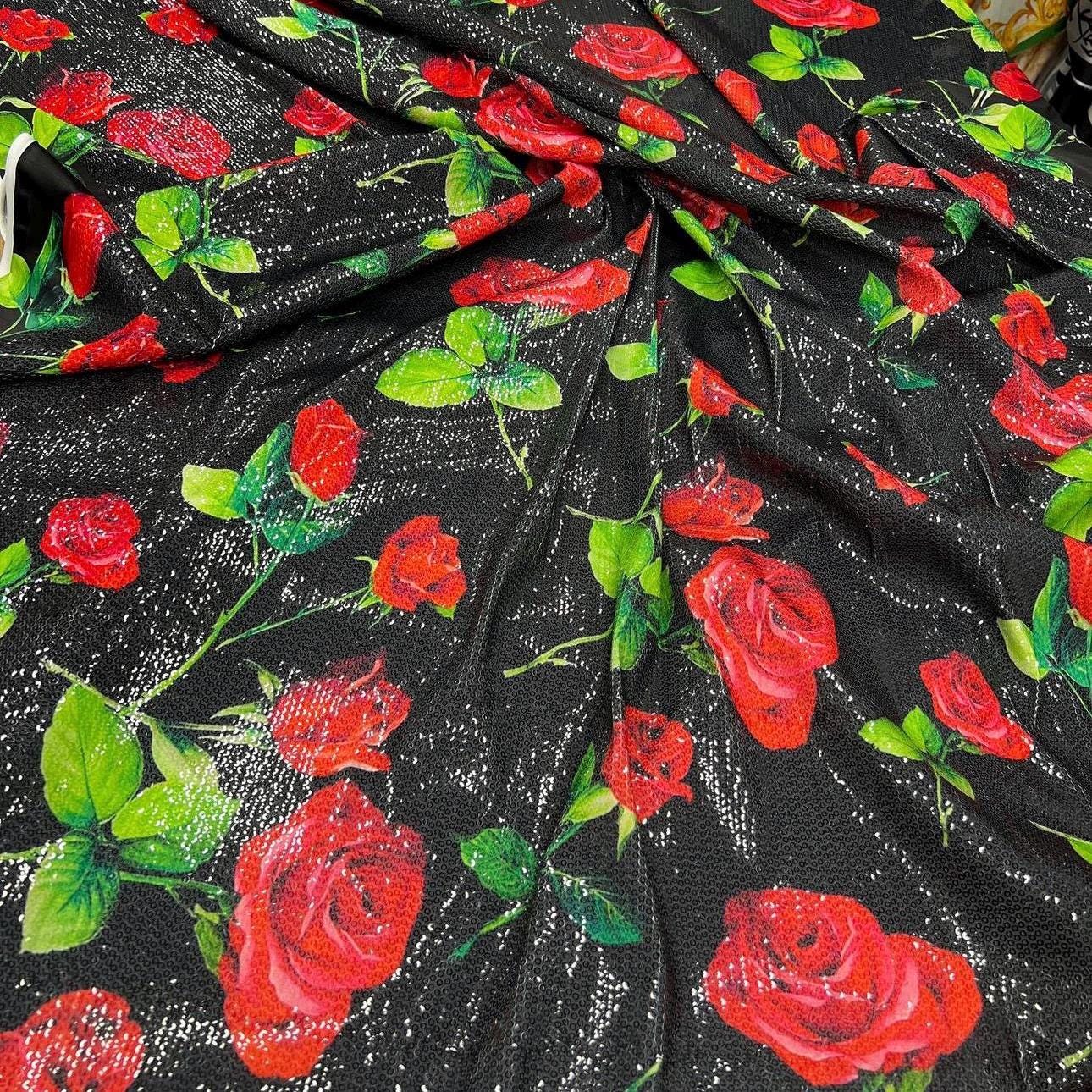 Red Rose Pattern Sequin Fabric, 2 - way stretch Sequin Fabric, - Whotex