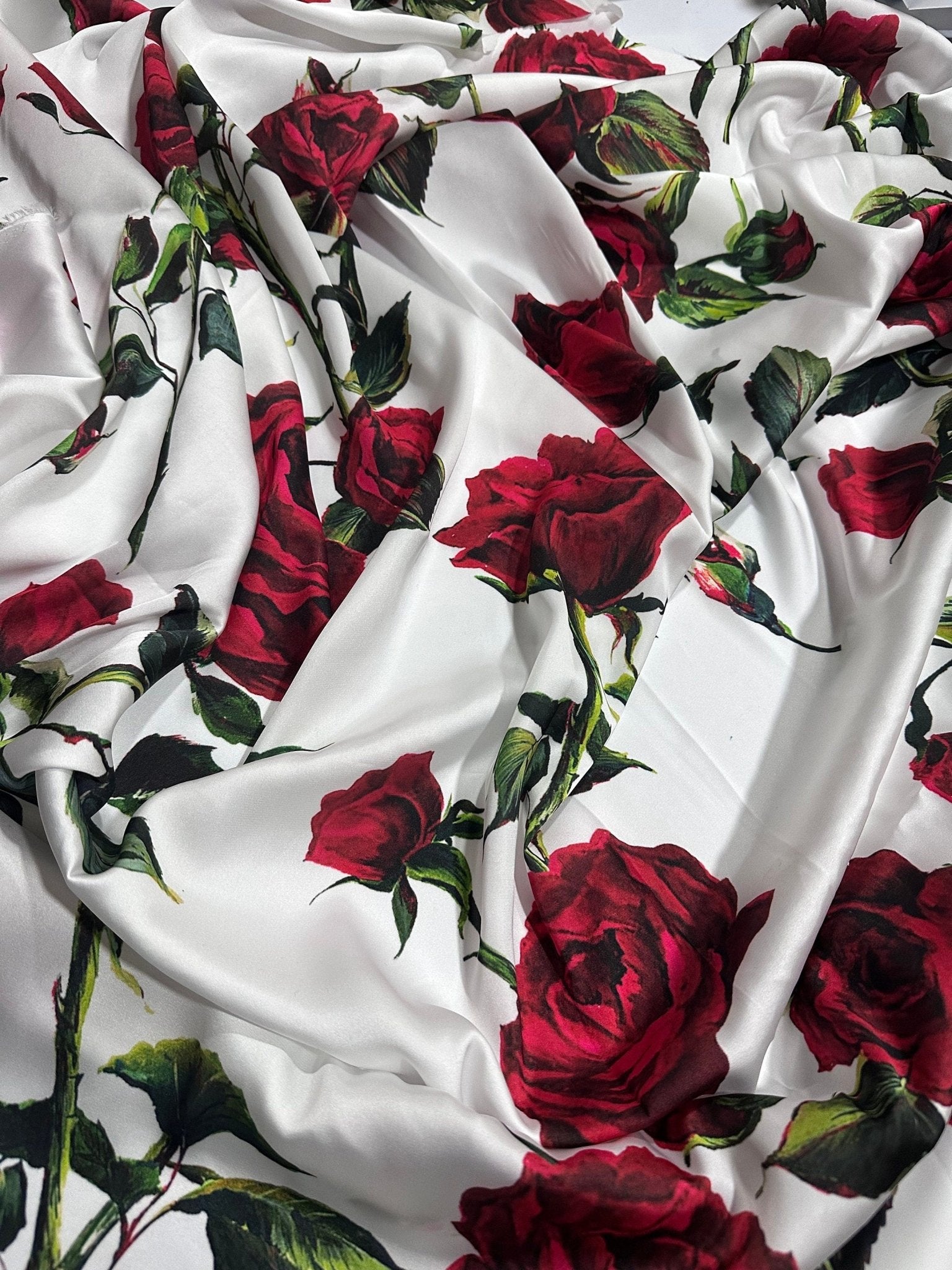 Red Rose Pattern Silky Satin Fabric, White Color Fabric - Whotex