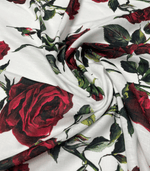 Red Rose Pattern White Fabric by Metre - Whotex Fabrics London