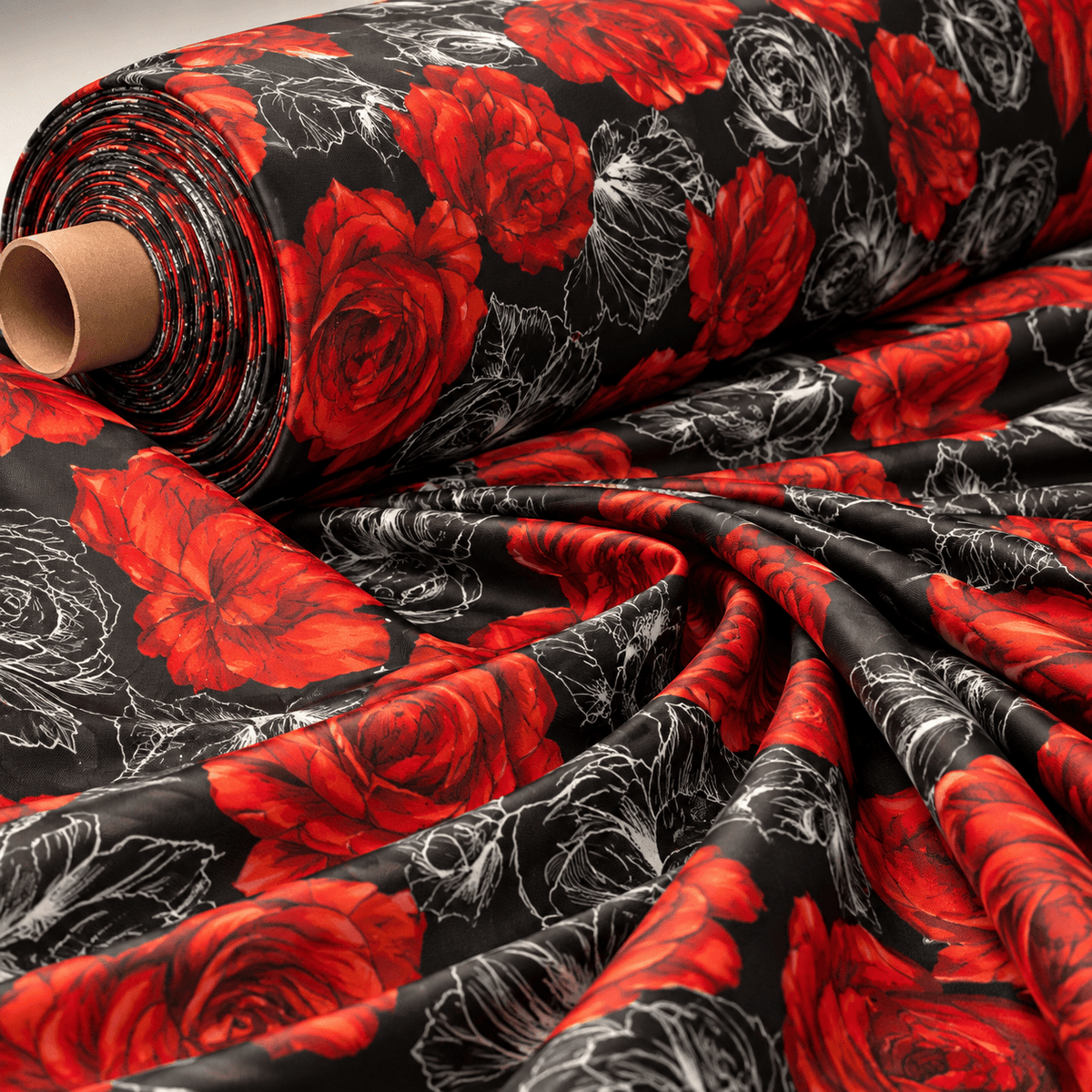 Red Rose Print Lycra Satin Fabric by the Metre - Whotex Fabrics London