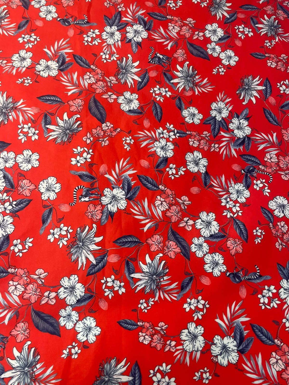 Red Tropical Floral Spandex Fabric by the Metre - Whotex Fabrics London