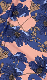 Retro Style Blue Floral Print on Peach Background - Whotex Online Fabric Store