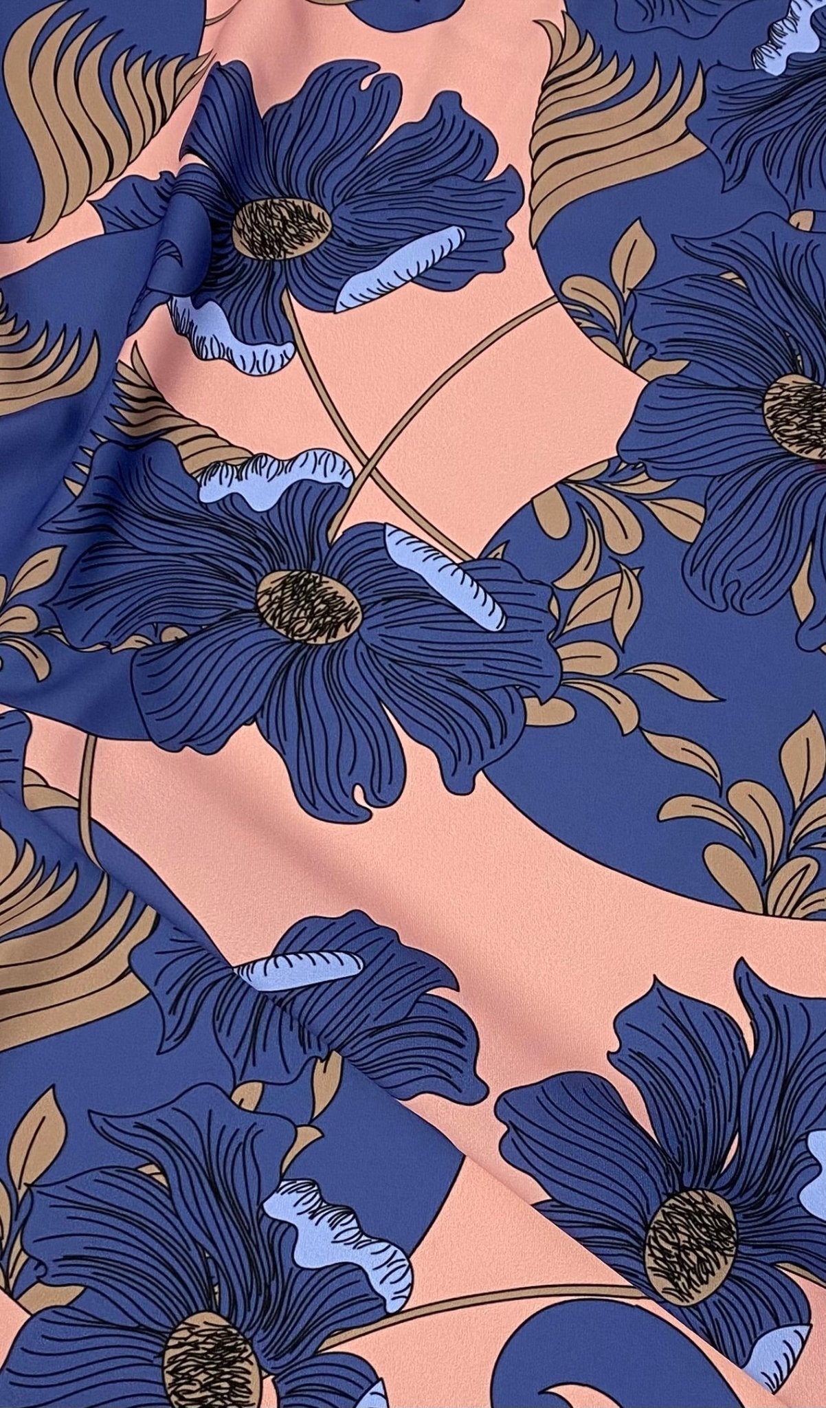 Retro Style Blue Floral Print on Peach Background - Whotex Online Fabric Store