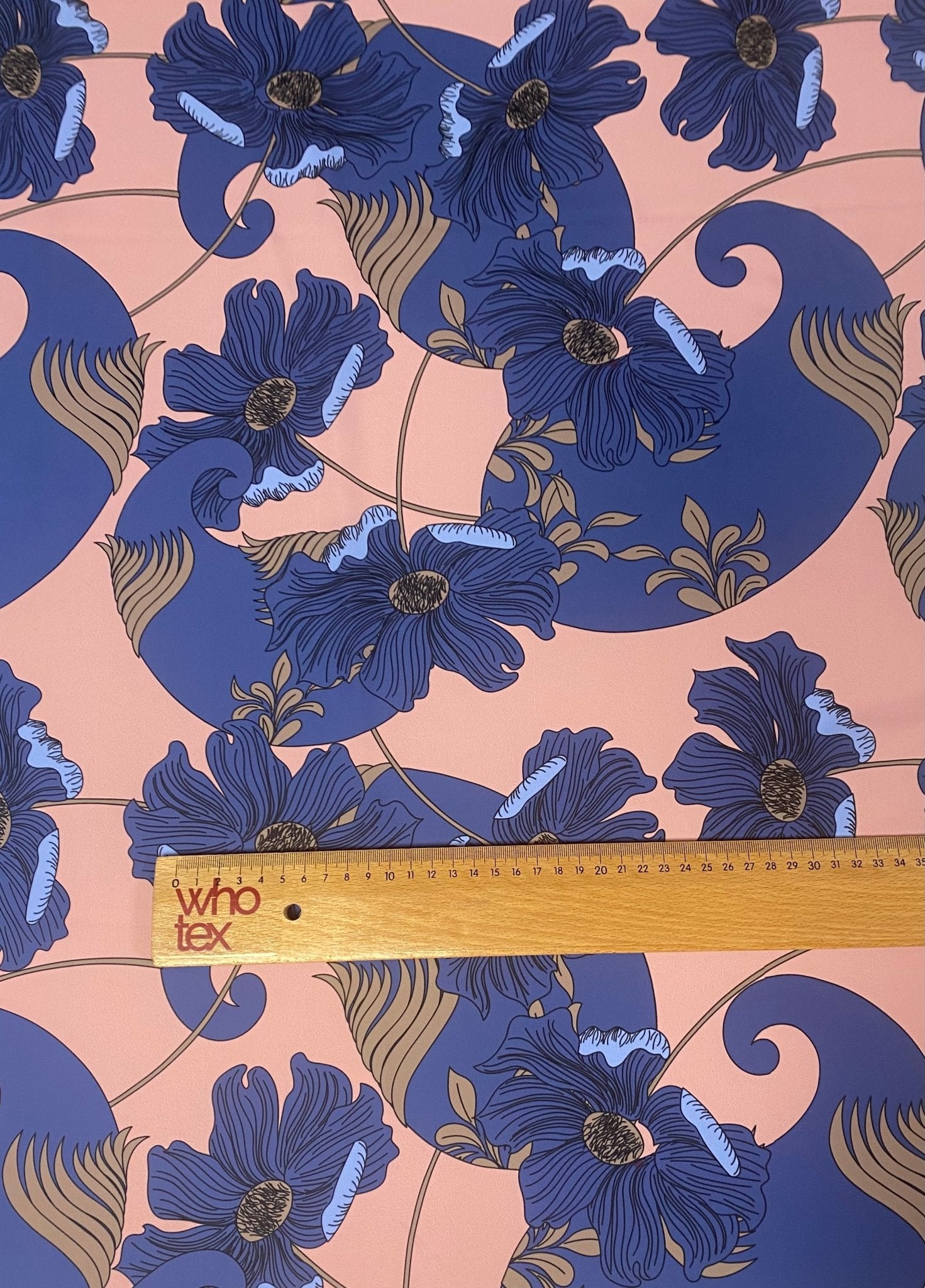 Retro Style Blue Floral Print on Peach Background - Whotex Online Fabric Store