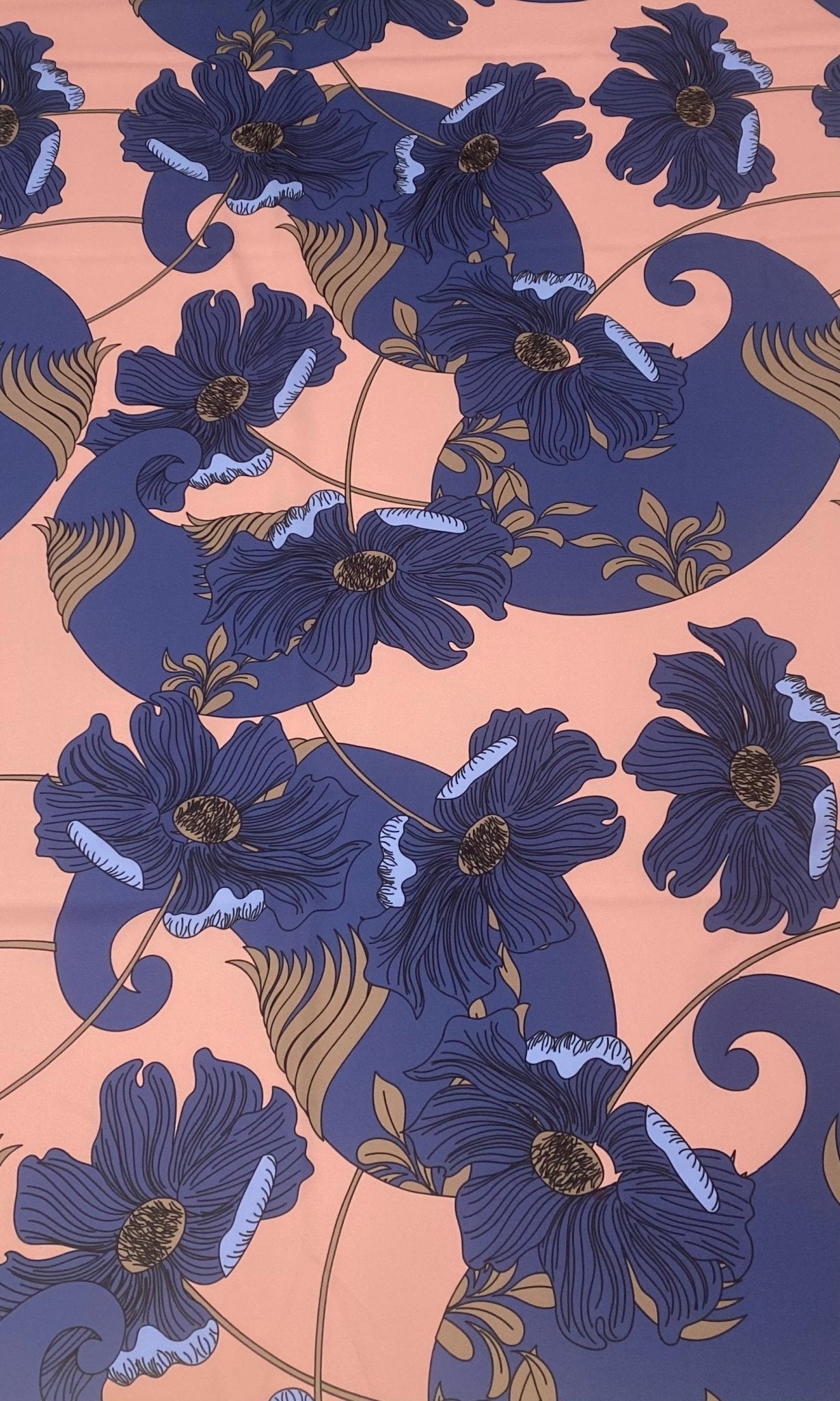 Retro Style Blue Floral Print on Peach Background - Whotex Online Fabric Store
