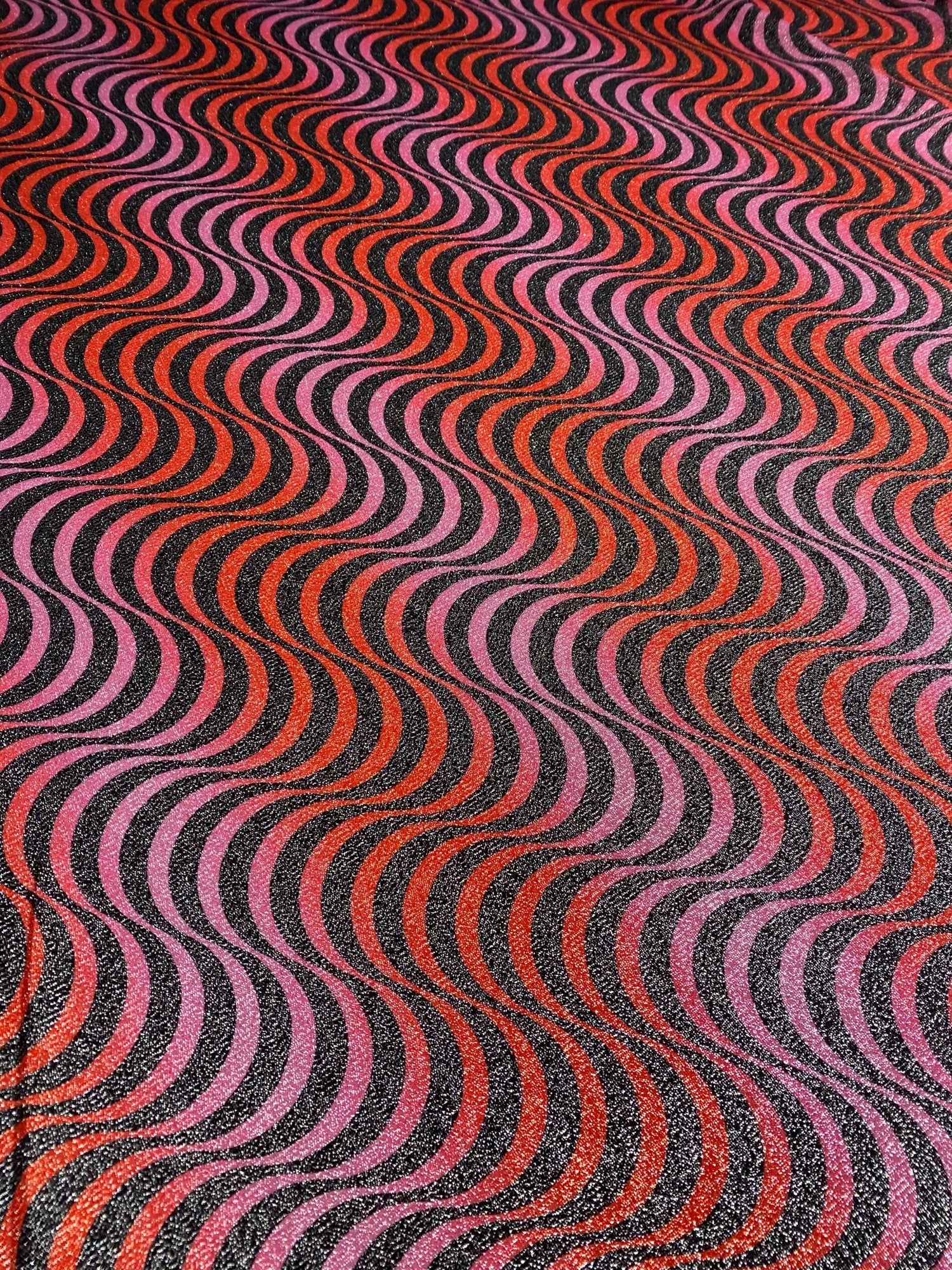 Retro Wavy Pattern Fabric – Purple and Orange Curved Lines on Black Base - Whotex Online Fabric Store