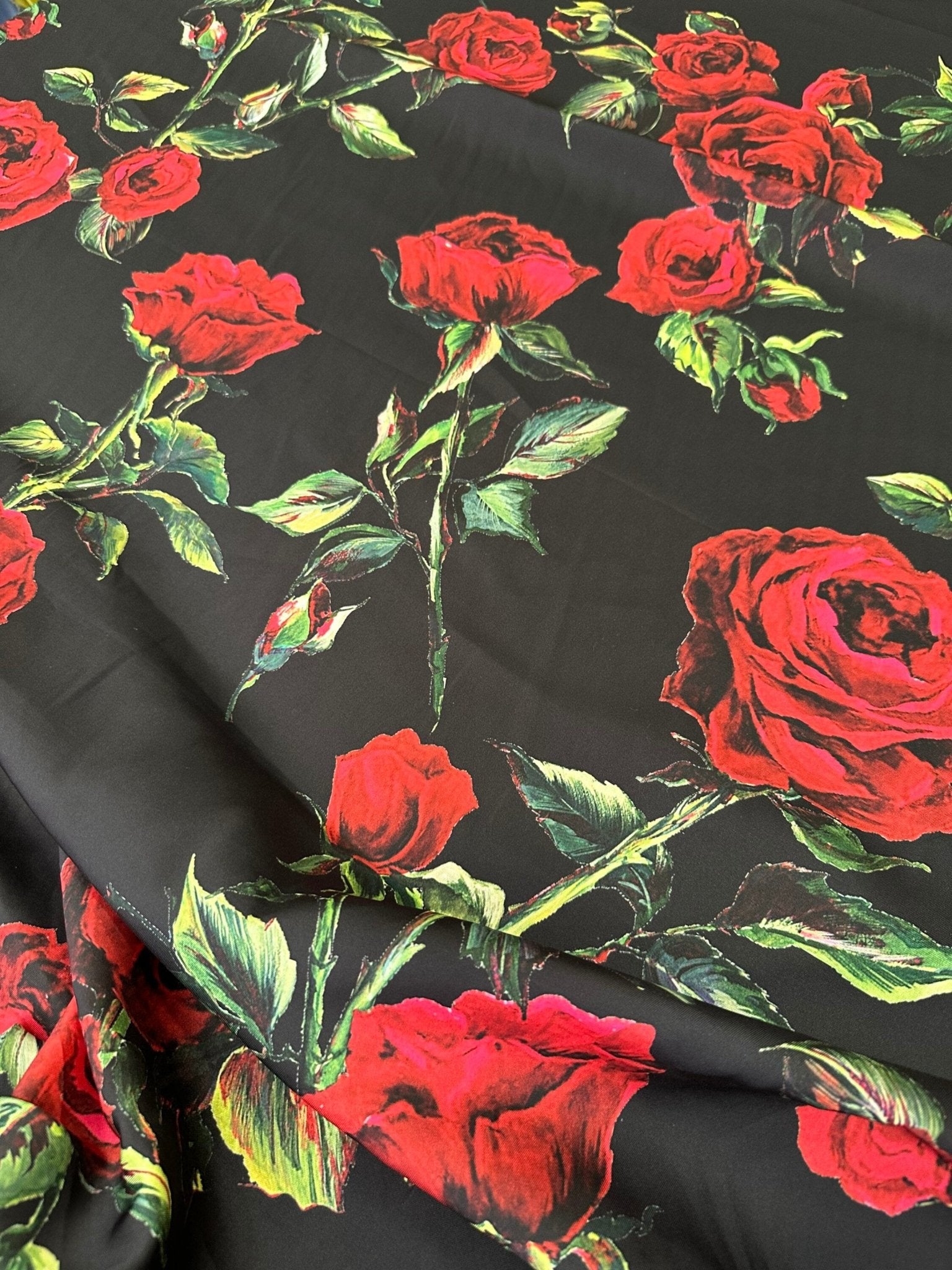 Rose Pattern Silky Satin Fabric, Black Red Floral Fabric - Whotex