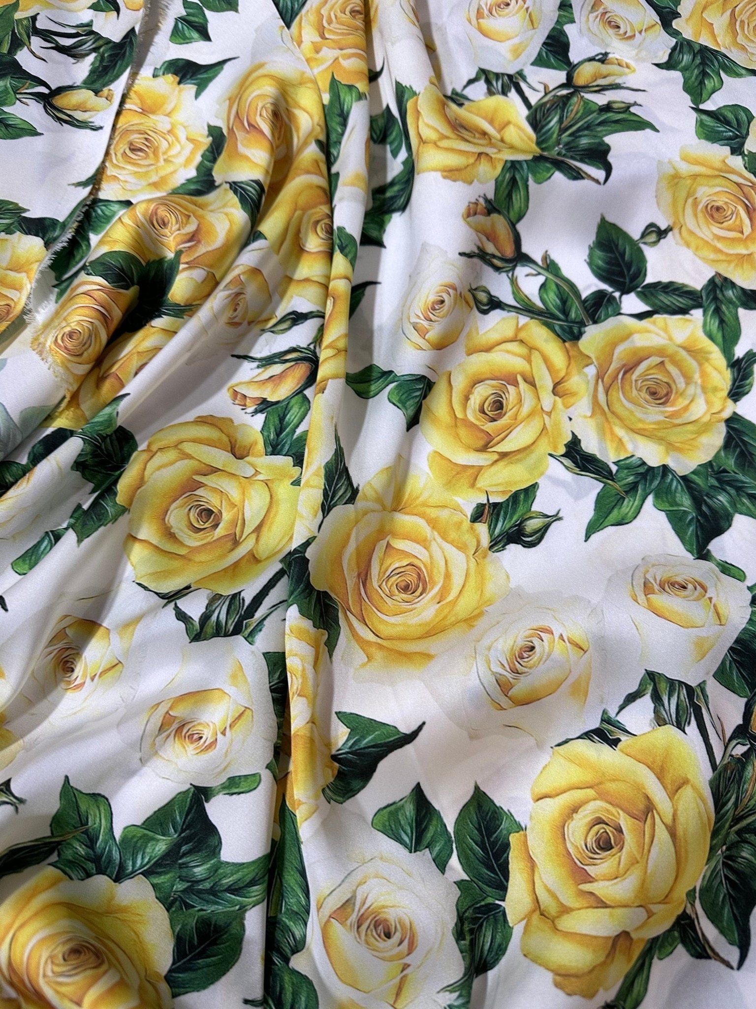 Rose Pattern Silky Satin Fabric, yellow Floral Fabric - Whotex