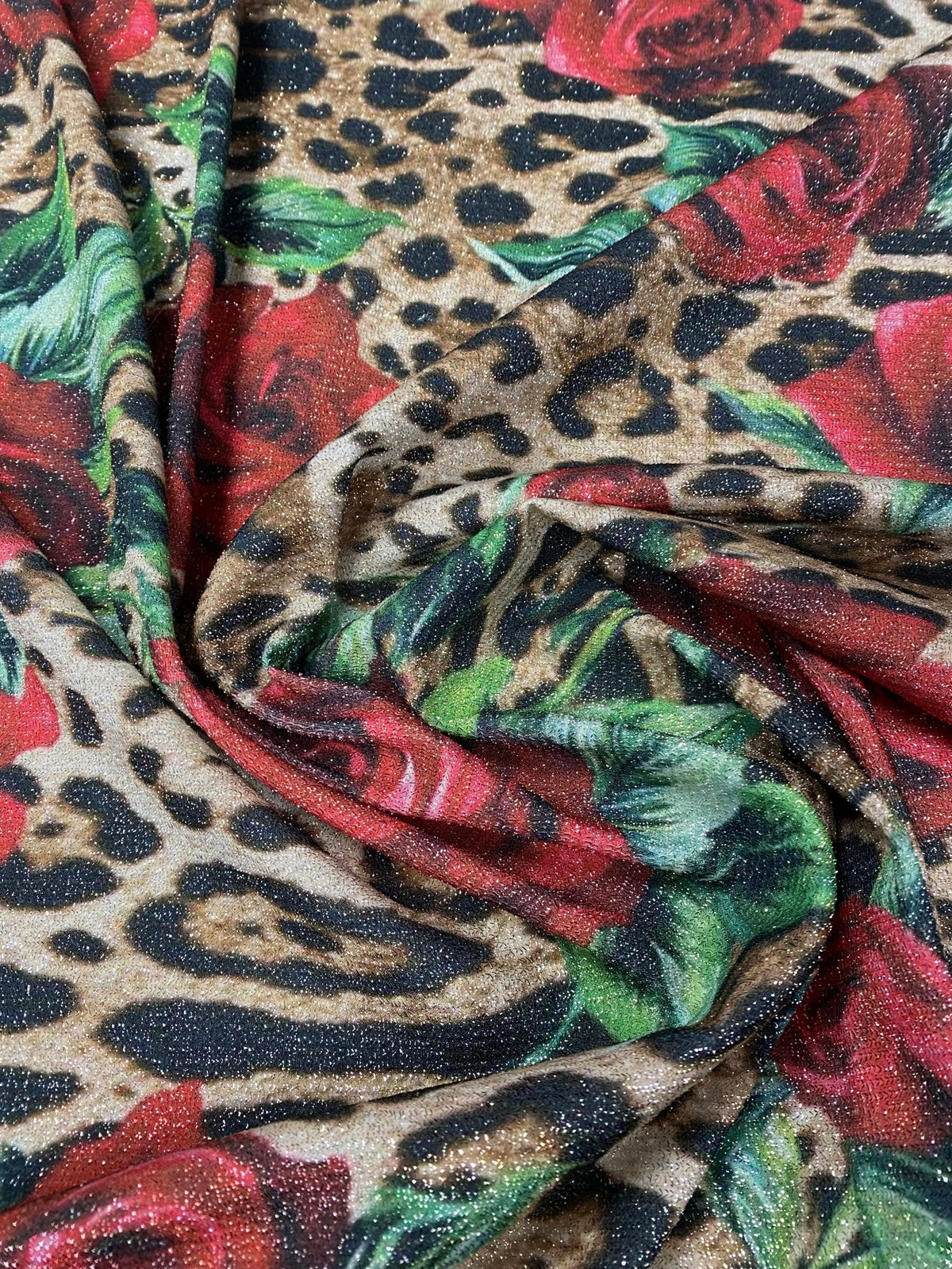 Rose Print Leopard Lurex Fabric with Subtle Shine Sold by the Metre - Whotex Fabrics London
