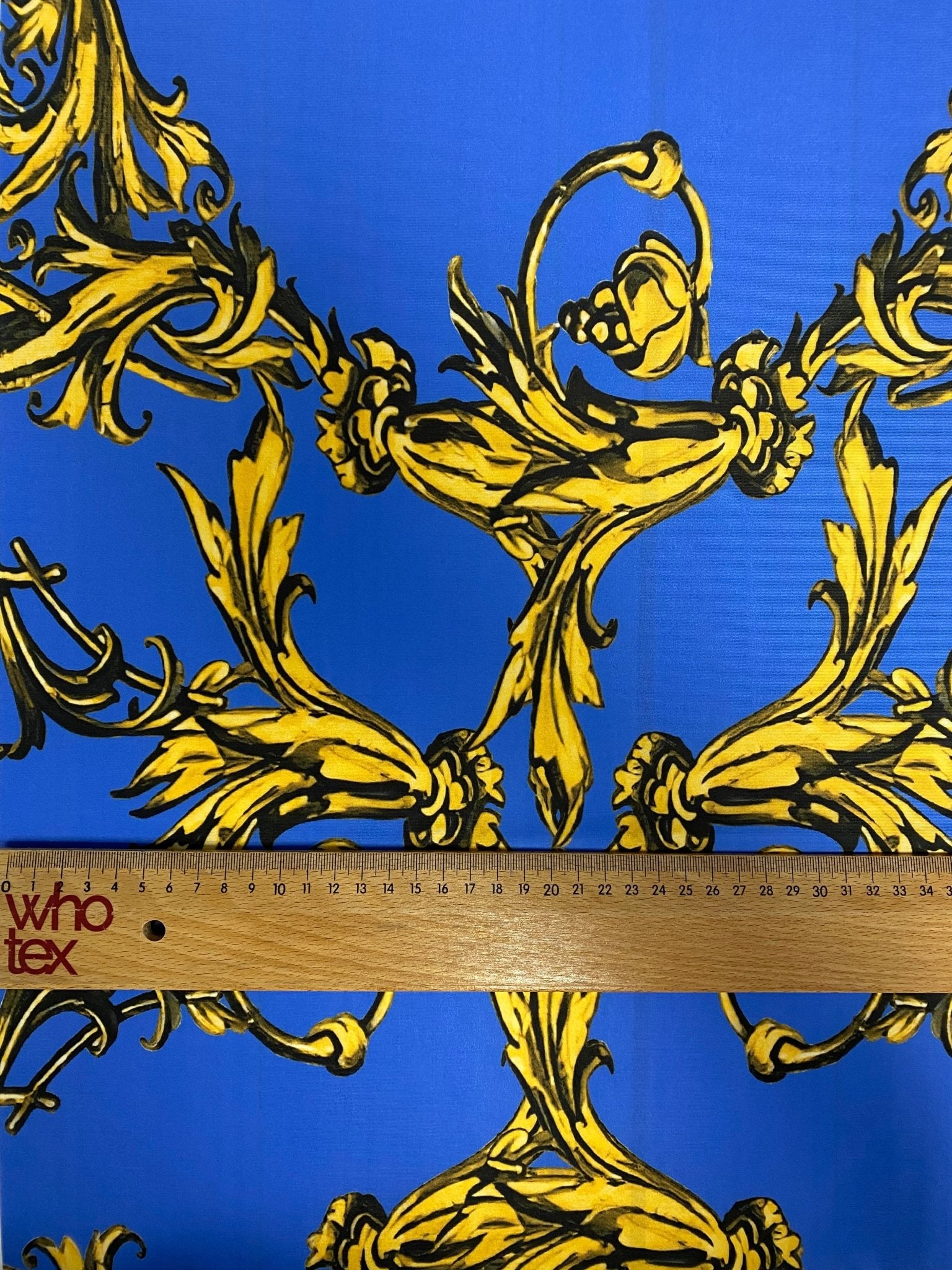 Royal Blue Baroque Pattern Fabric – Custom Printed Fabric on Satin, Crepe, Spandex or Chiffon - Whotex Fabrics London