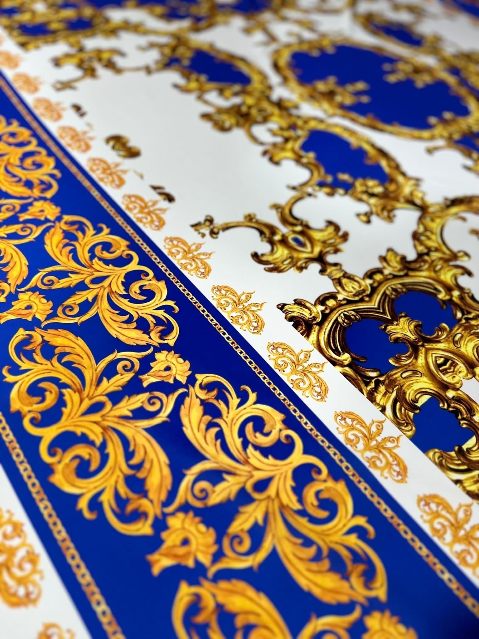 Royal Blue Baroque Pattern Silky Crepe Fabric - Whotex