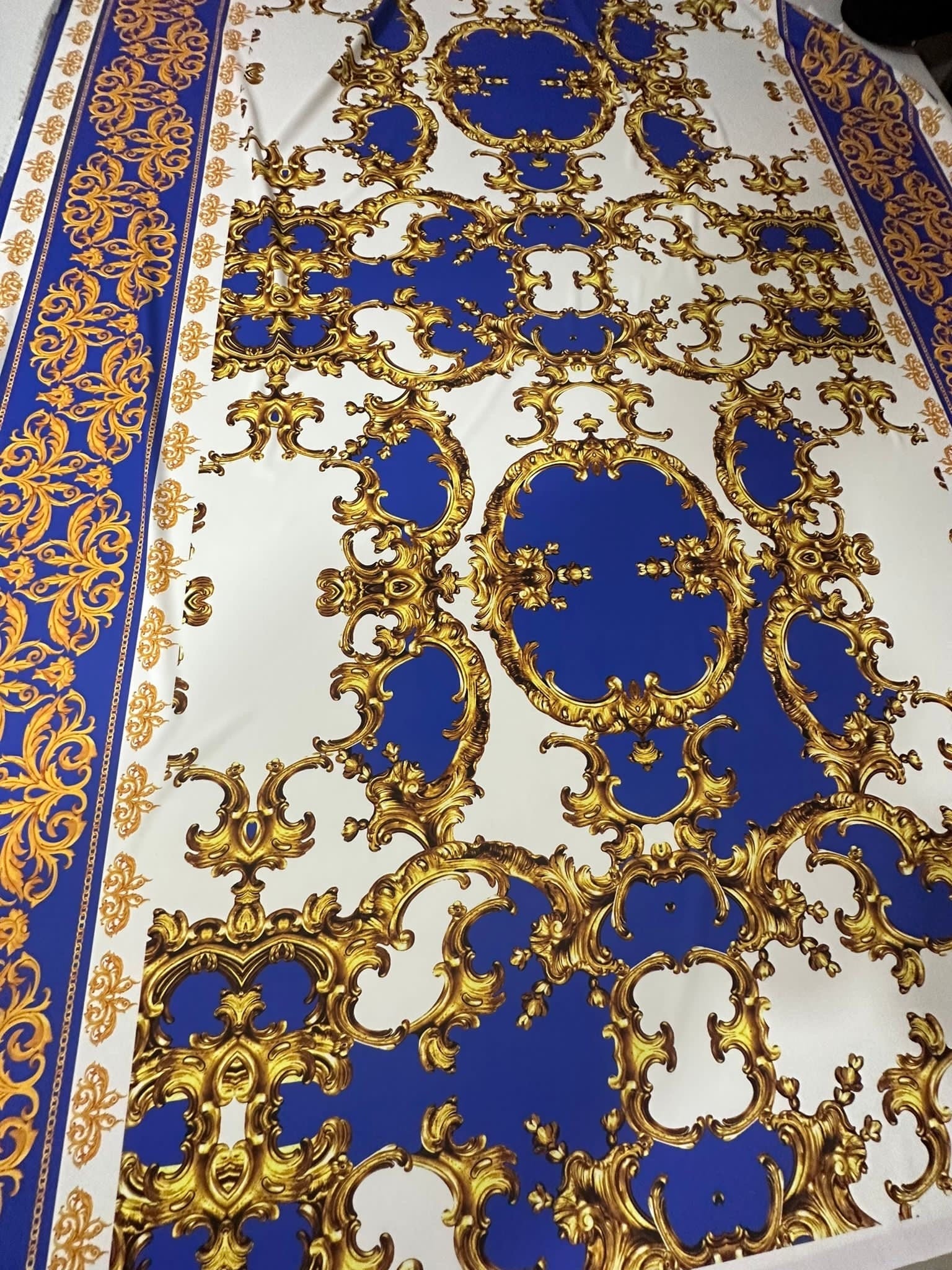 Royal Blue Baroque Pattern Silky Crepe Fabric - Whotex